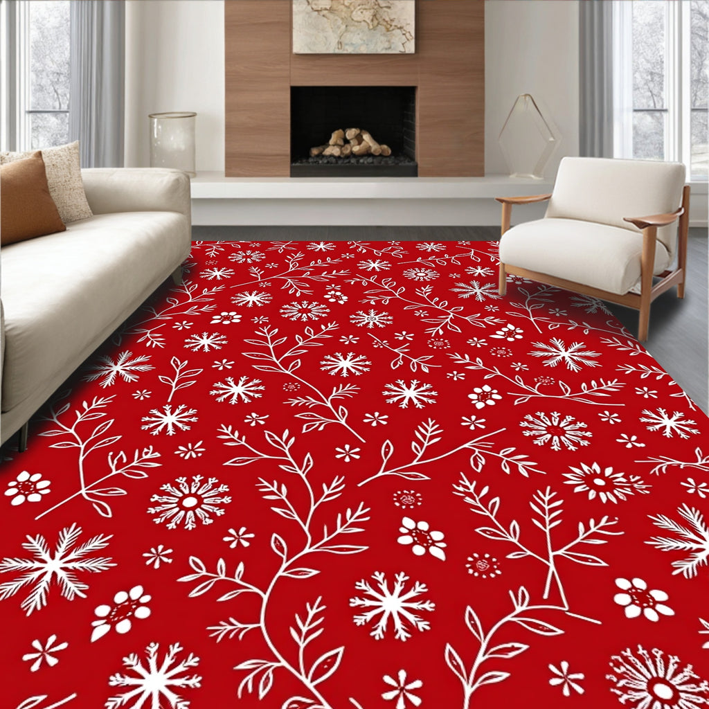 Red White Snowflake Botanical Trail Rug