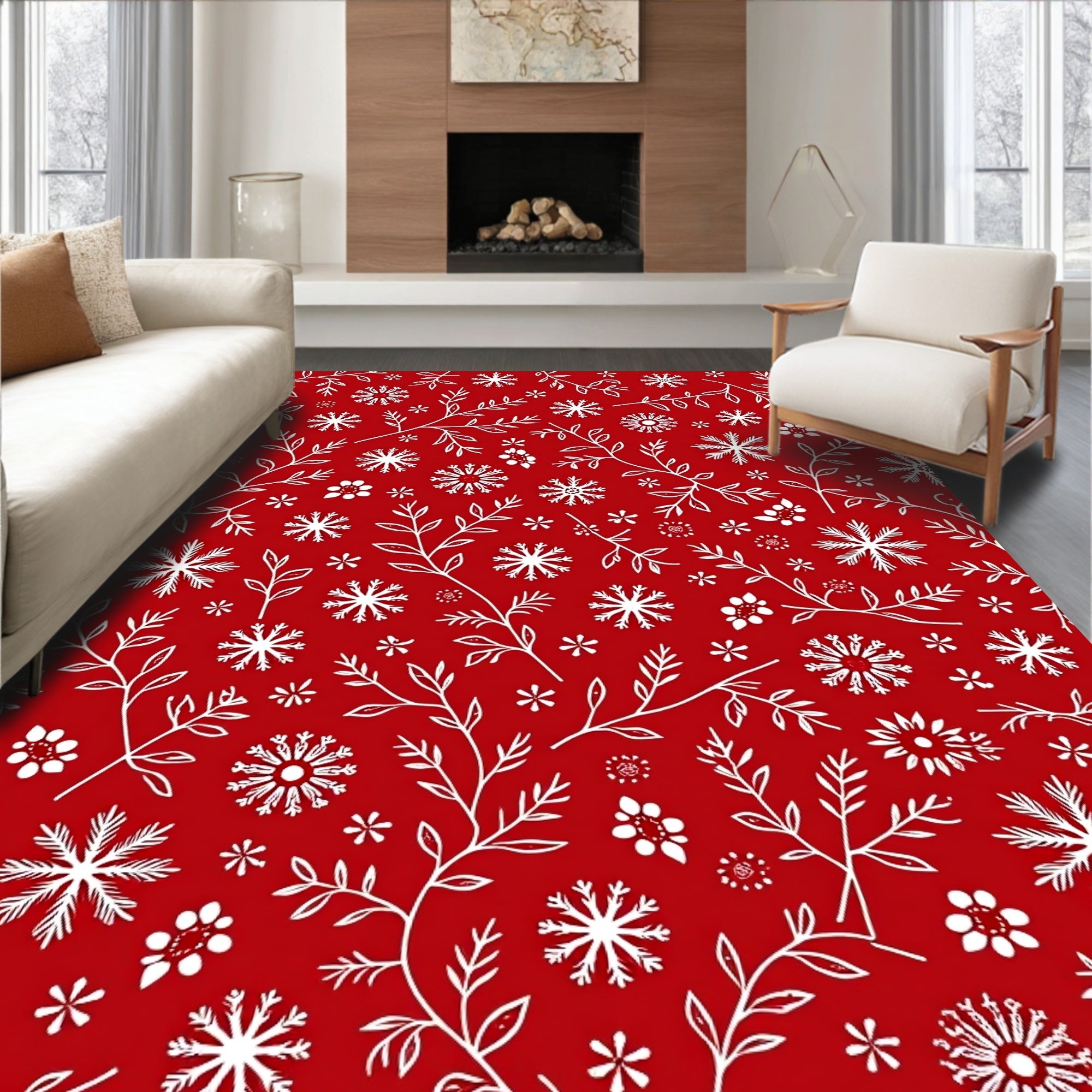 Red White Snowflake Botanical Trail Rug