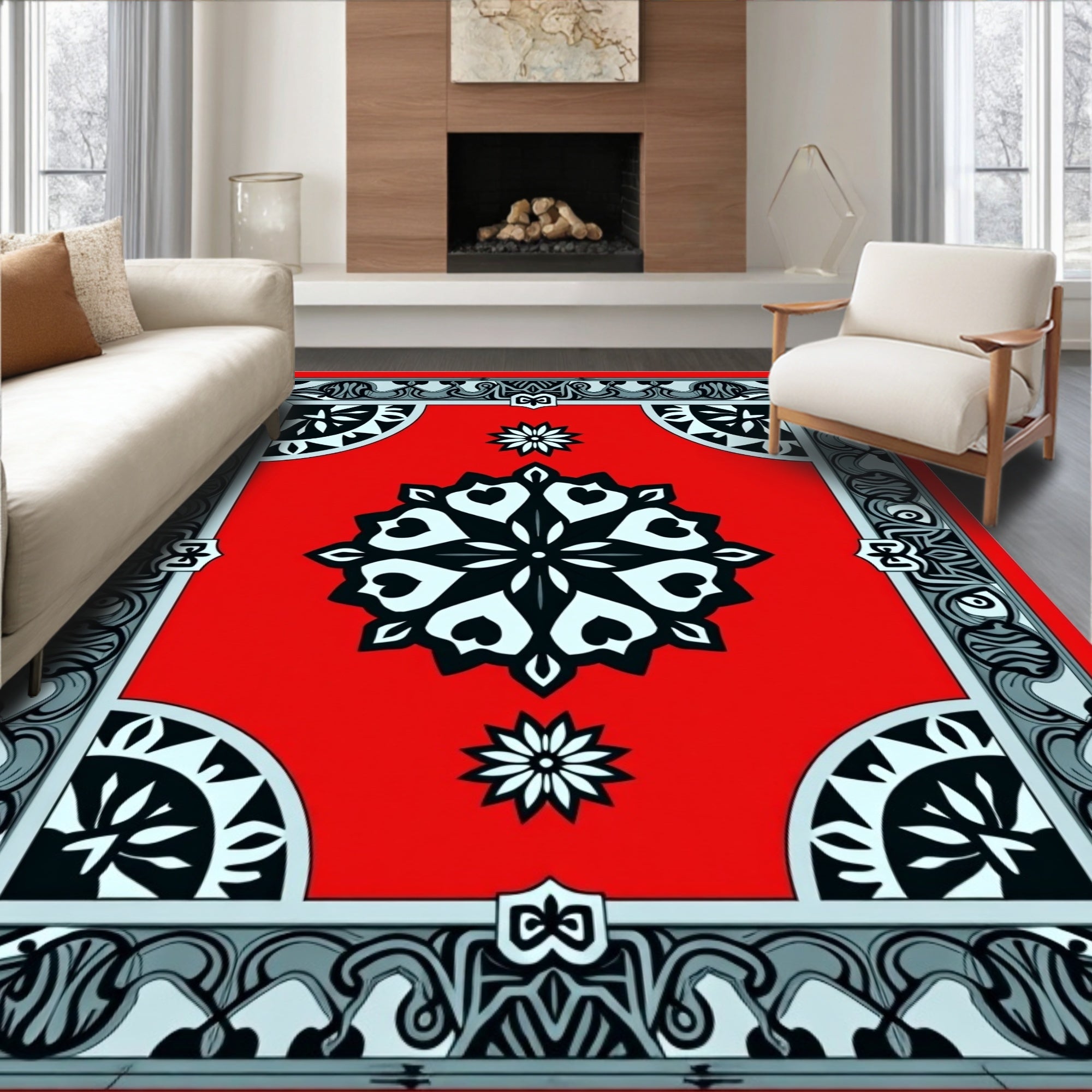 Scarlet Heart Bloom Border Art Rug