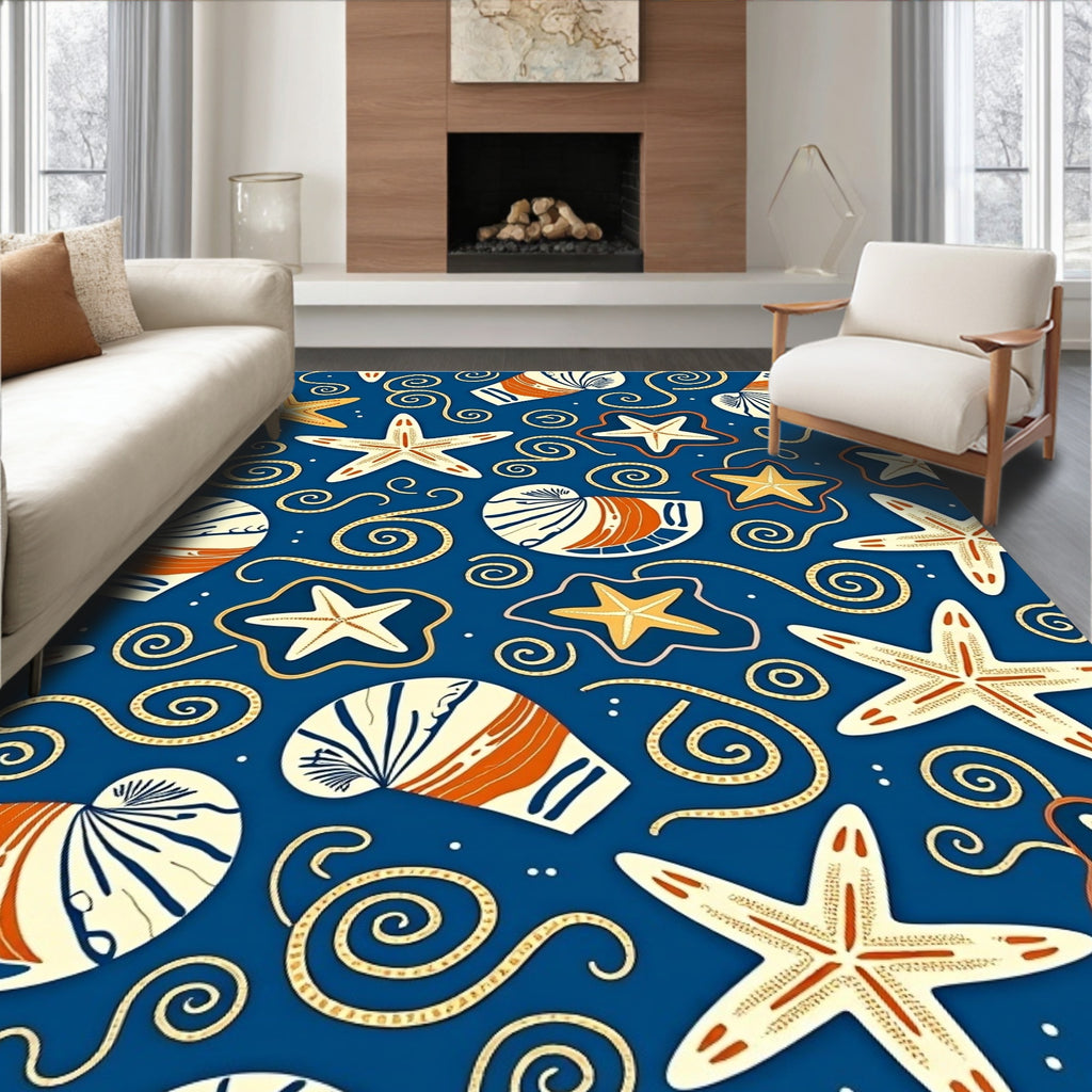 Deep Blue Coastal Starfish and Shells Rug