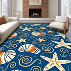Deep Blue Coastal Starfish and Shells Rug