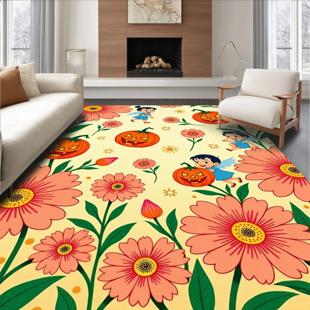 Whimsical Orange Pumpkin Fairy Garden Rug