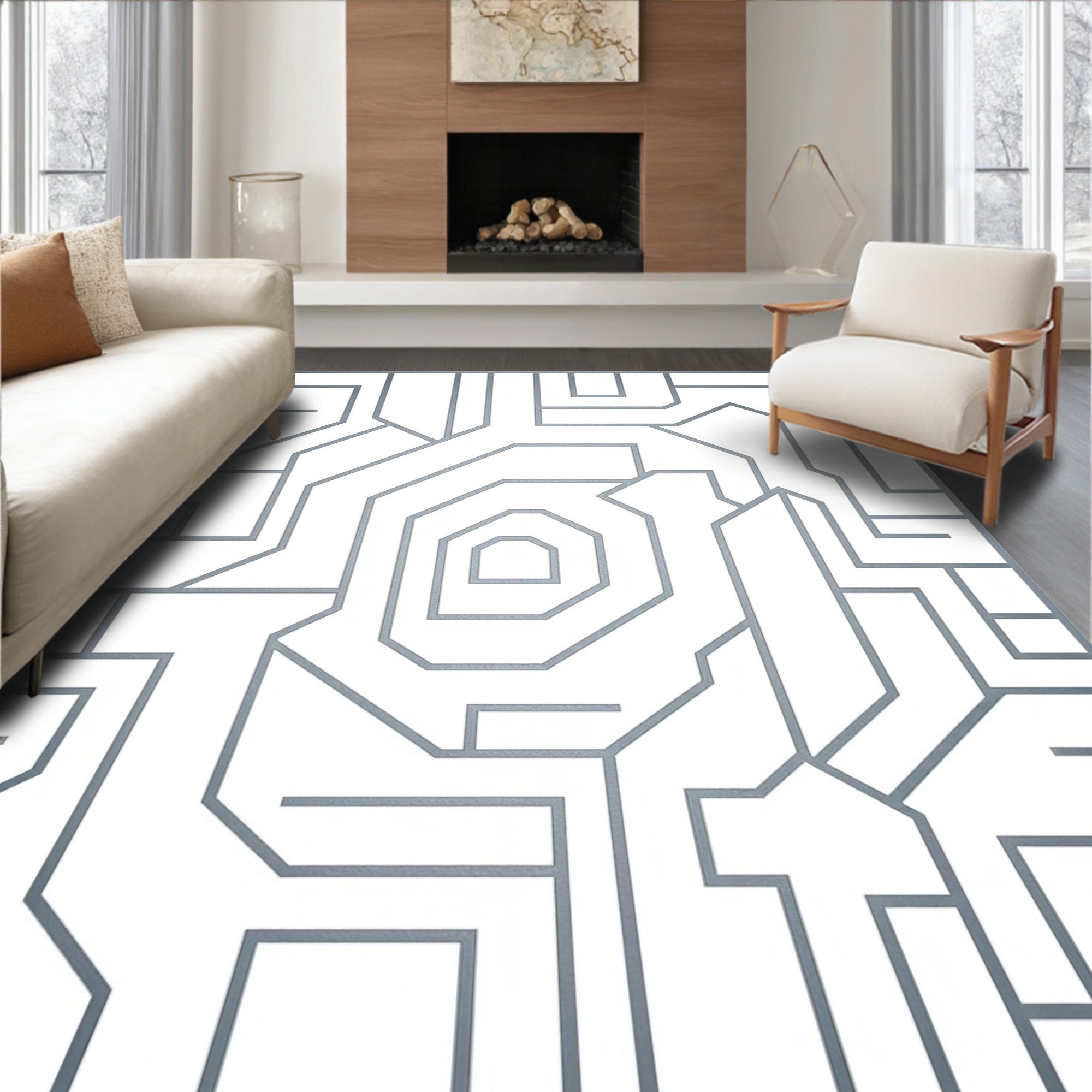 Modern Silver Geometric Maze Rug
