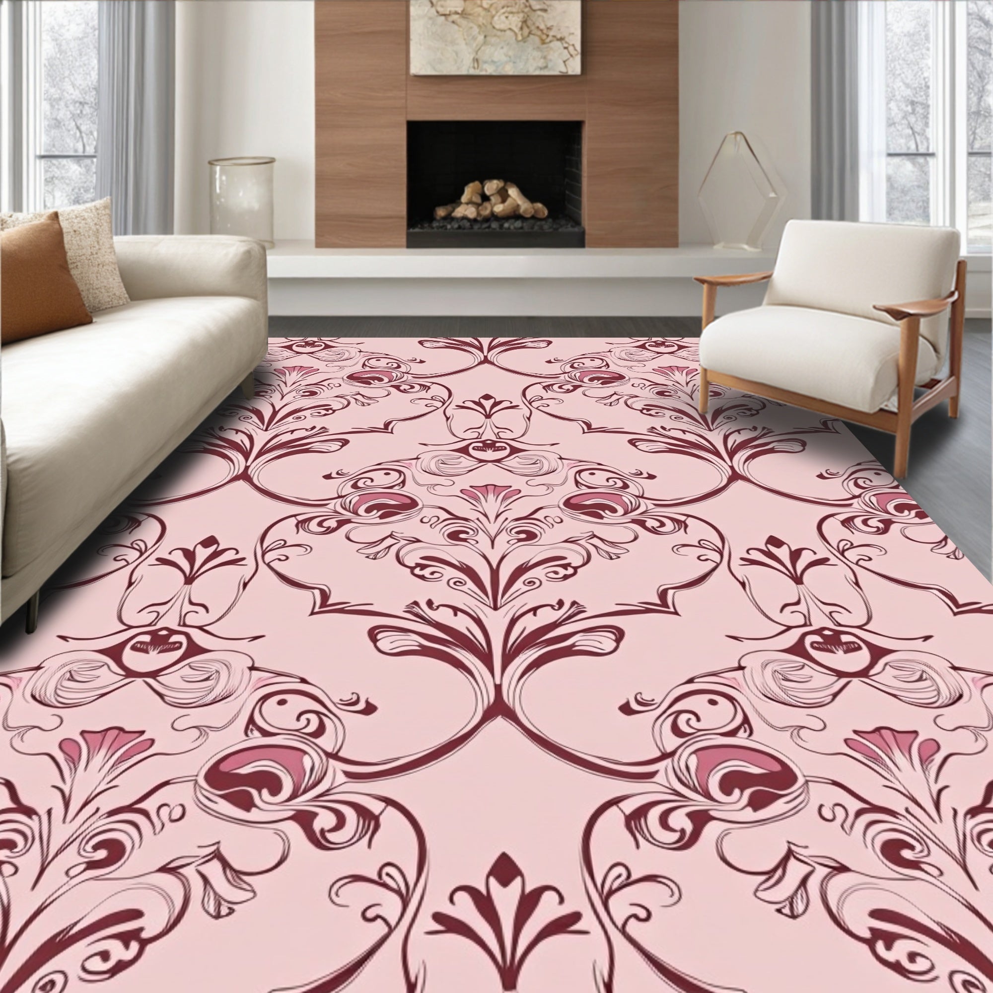 Crimson Pink Floral Arabesque Rug