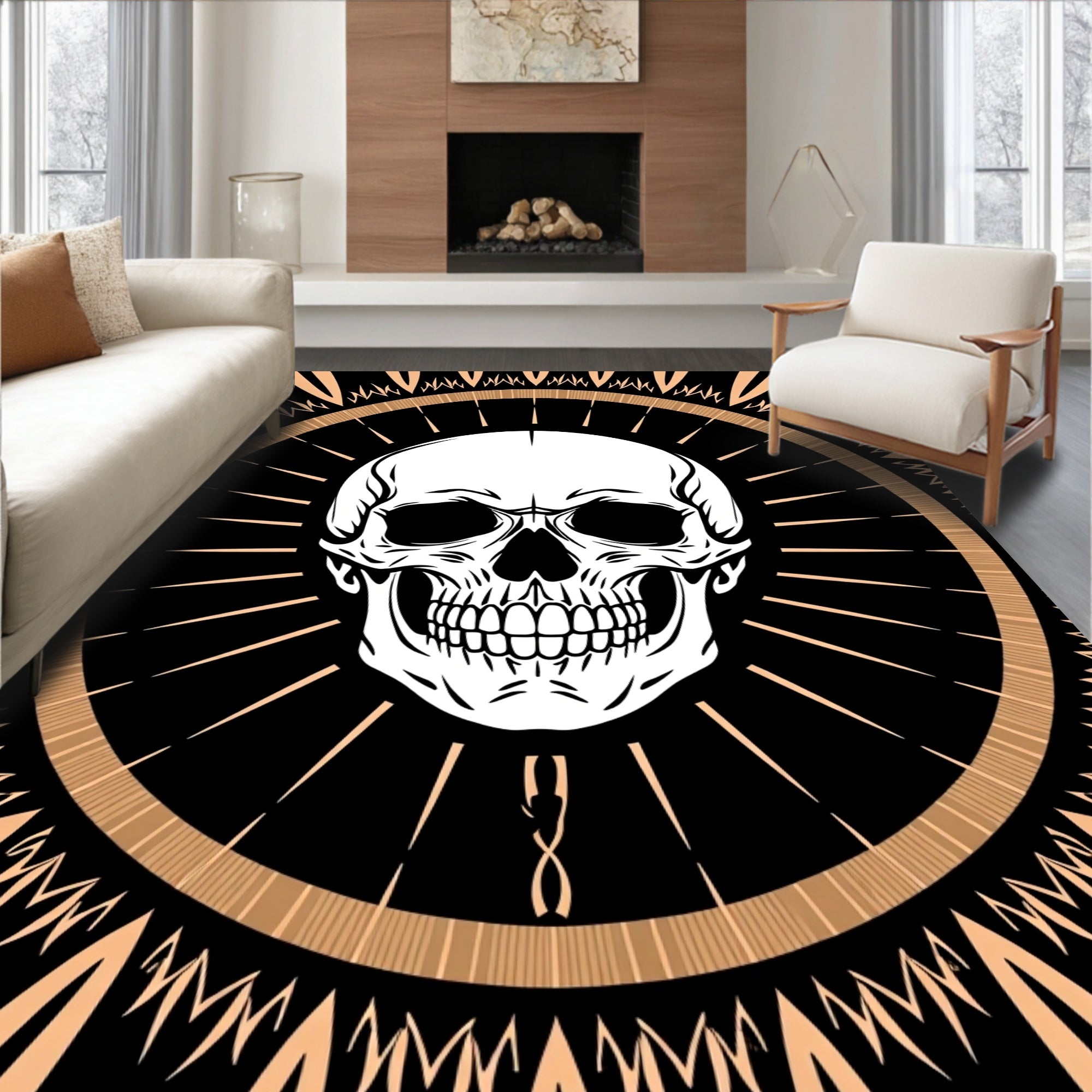 Black Grunge Skull Sunburst Rug