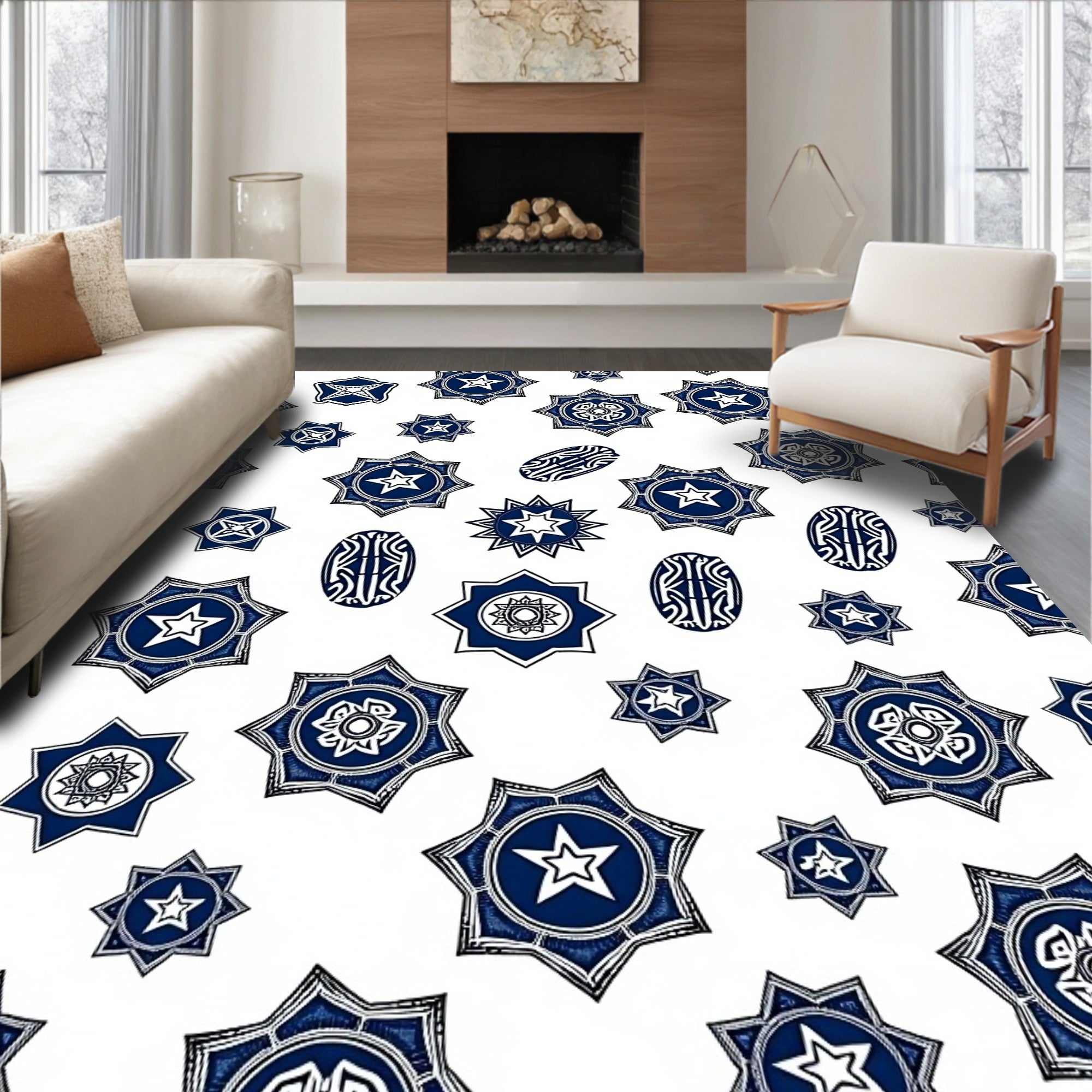 Navy White Starburst Oval Medallions Rug