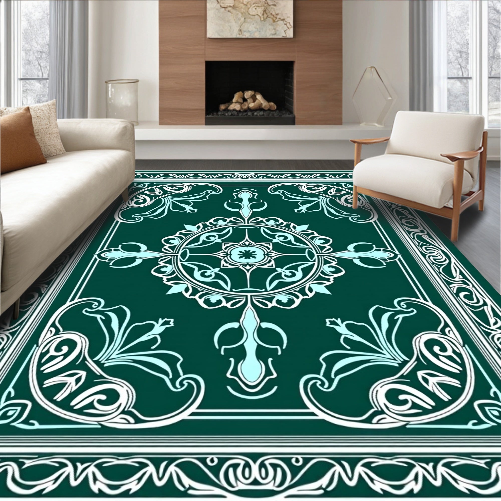 Teal White Vintage Floral Scroll Rug