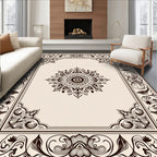 Ornate Cream and Brown Mandala Border Rug
