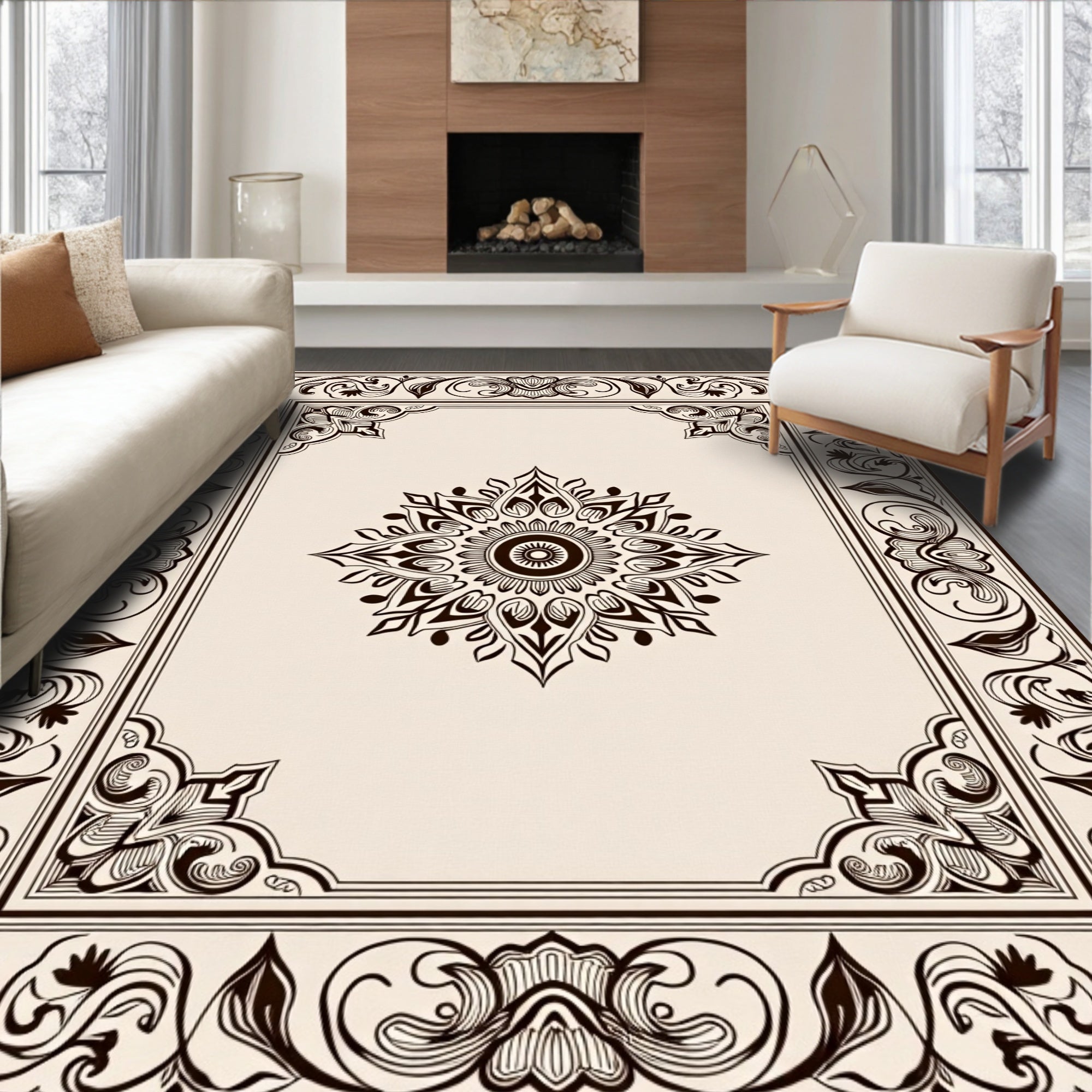 Ornate Cream and Brown Mandala Border Rug