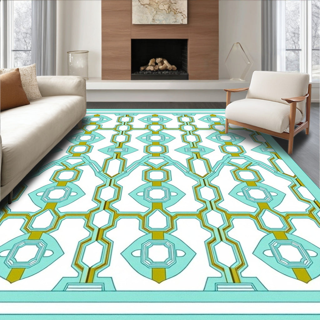 Light Aqua Geometric Interlocking Medallion Rug