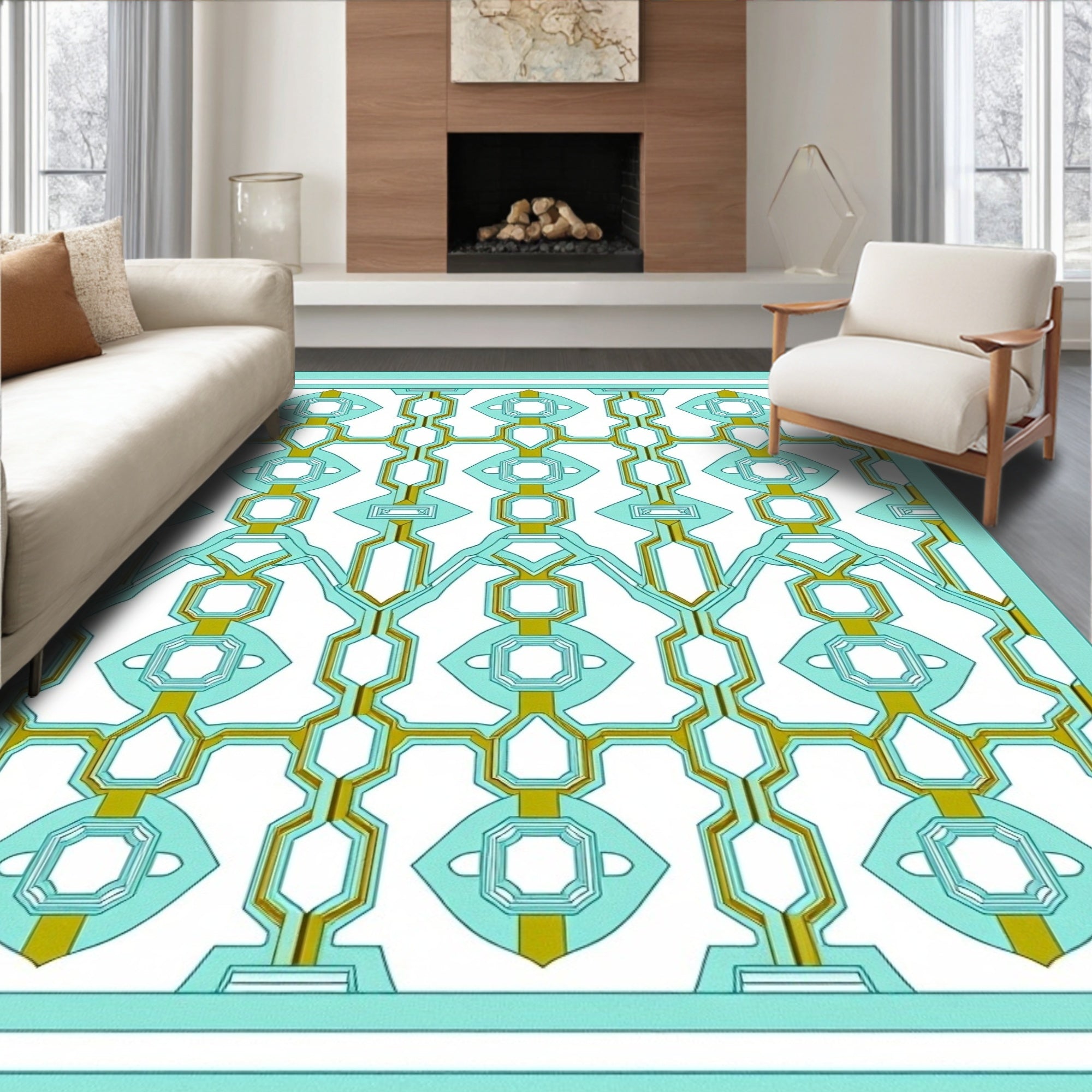 Light Aqua Geometric Interlocking Medallion Rug