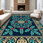 Deep Blue Leafy Floral Medallion Rug