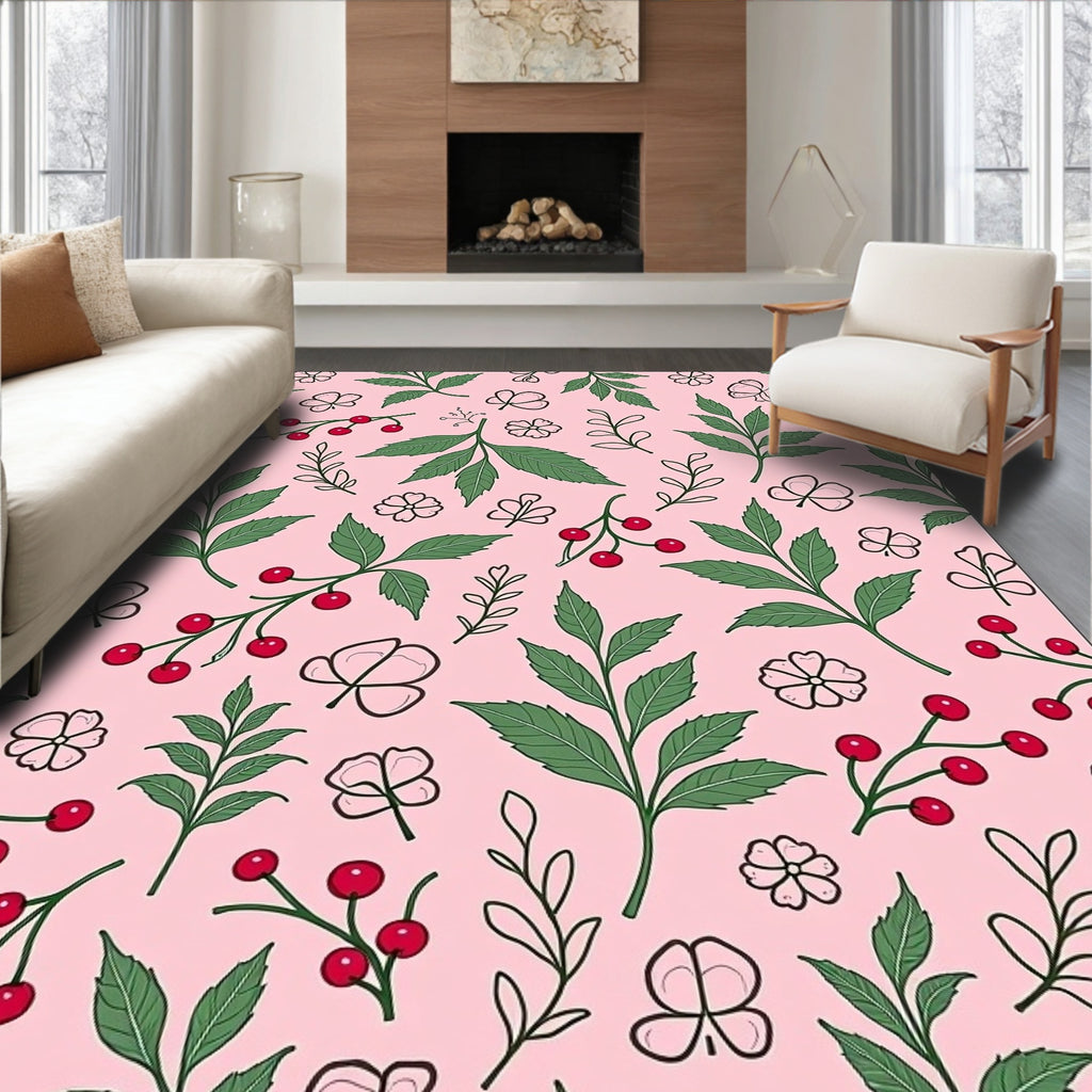 Pink Botanical Berry Leaf Arrangement Rug