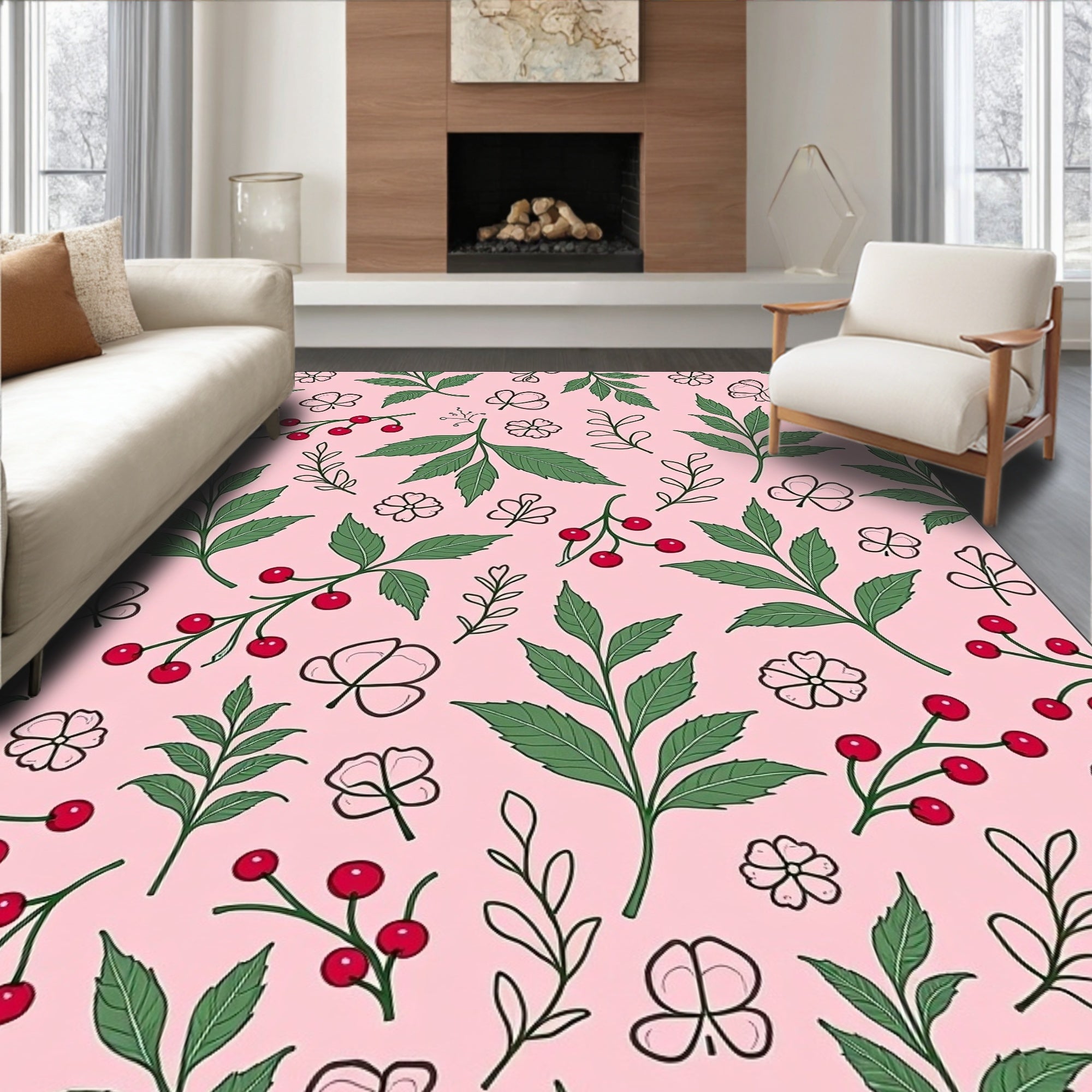 Pink Botanical Berry Leaf Arrangement Rug