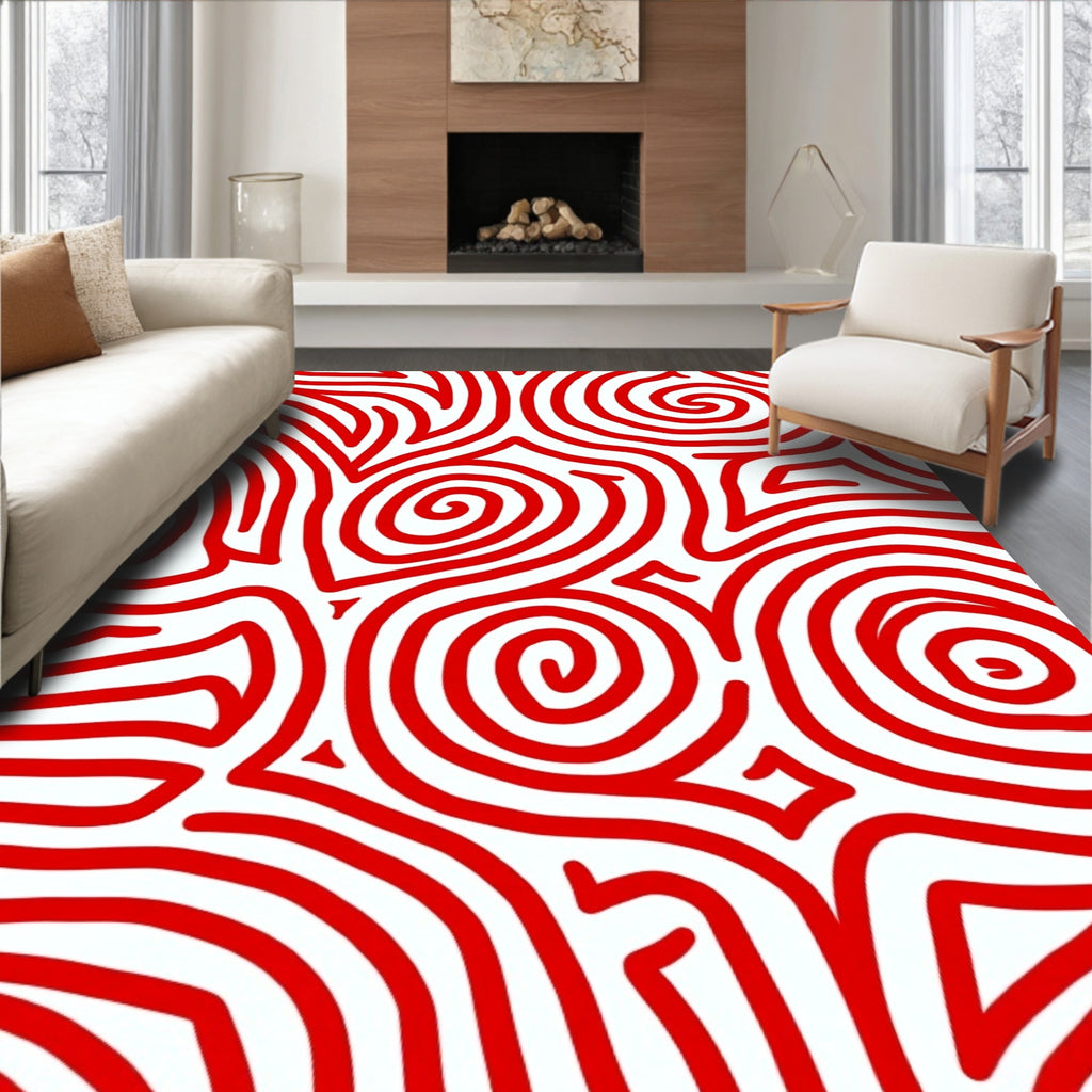 Bold Red Swirl Curvy Lines Rug