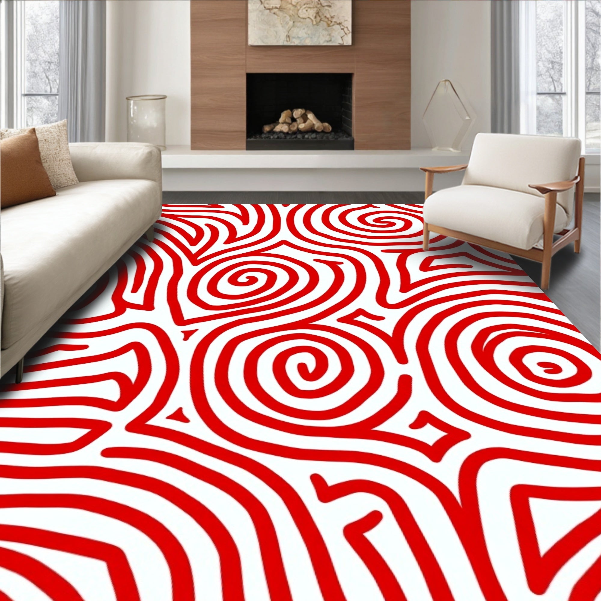 Bold Red Swirl Curvy Lines Rug