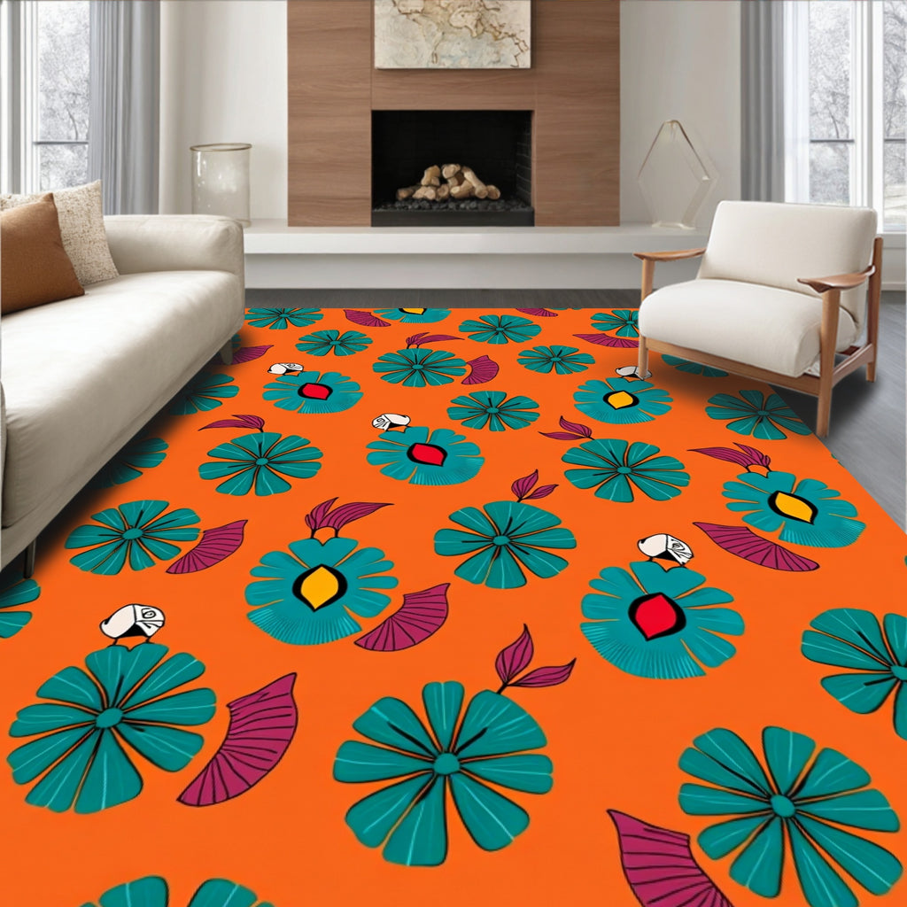 Orange Teal Floral Repeating Elements Rug