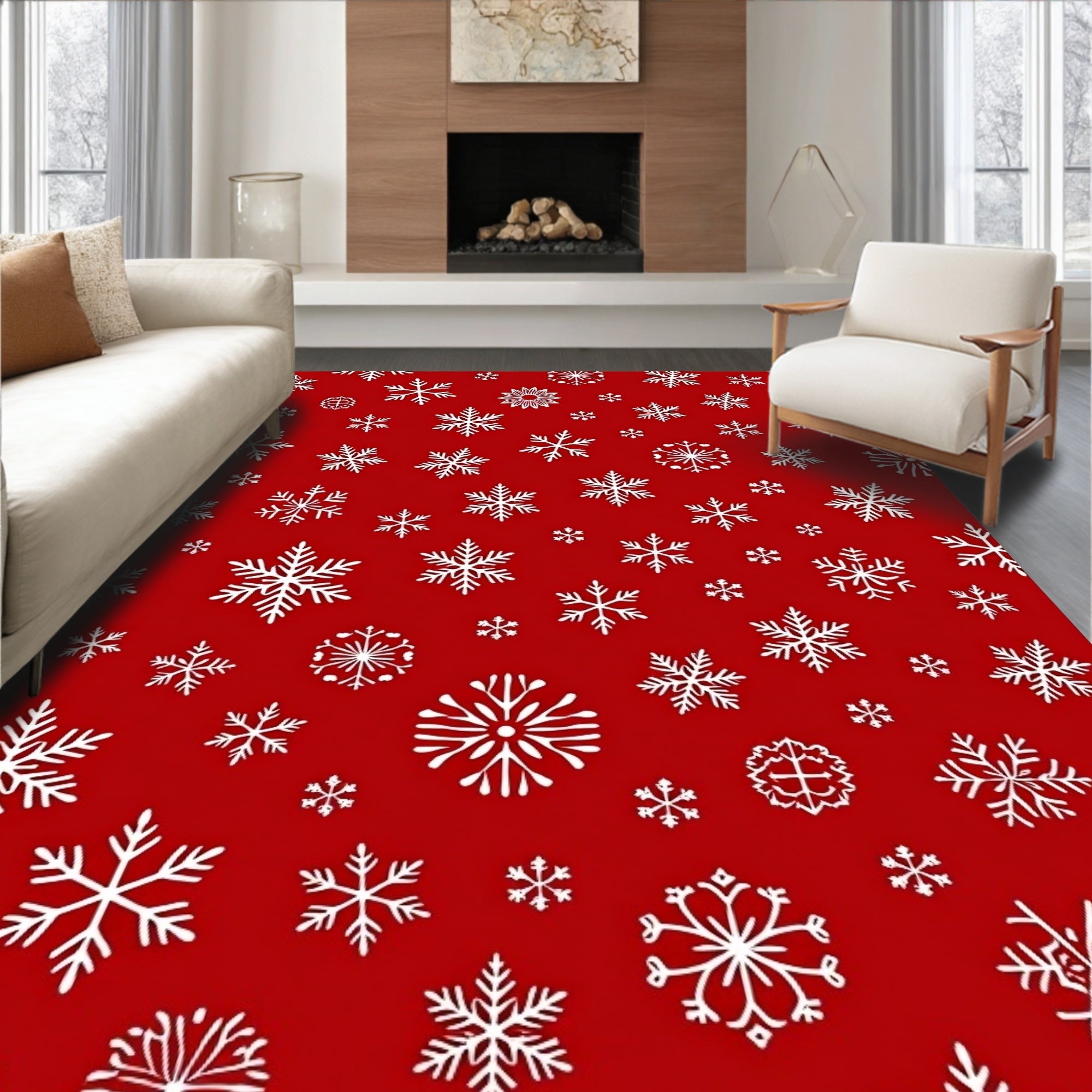 Red White Snow Flurry Field Rug