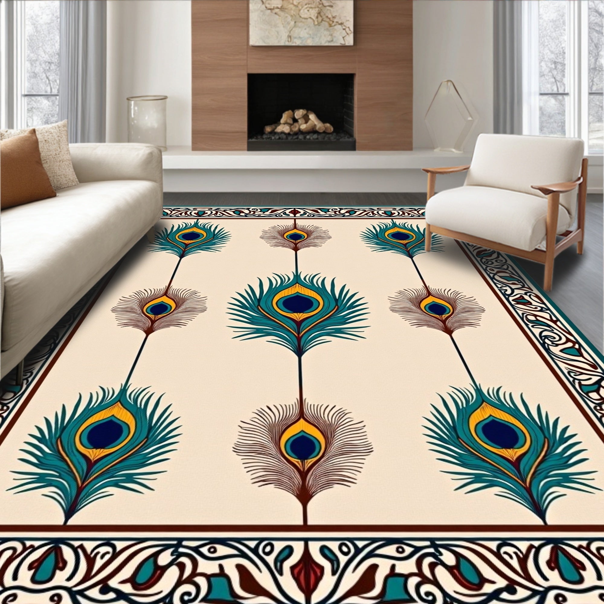 Peacock Feather Emerald Gold Intricate Border Rug
