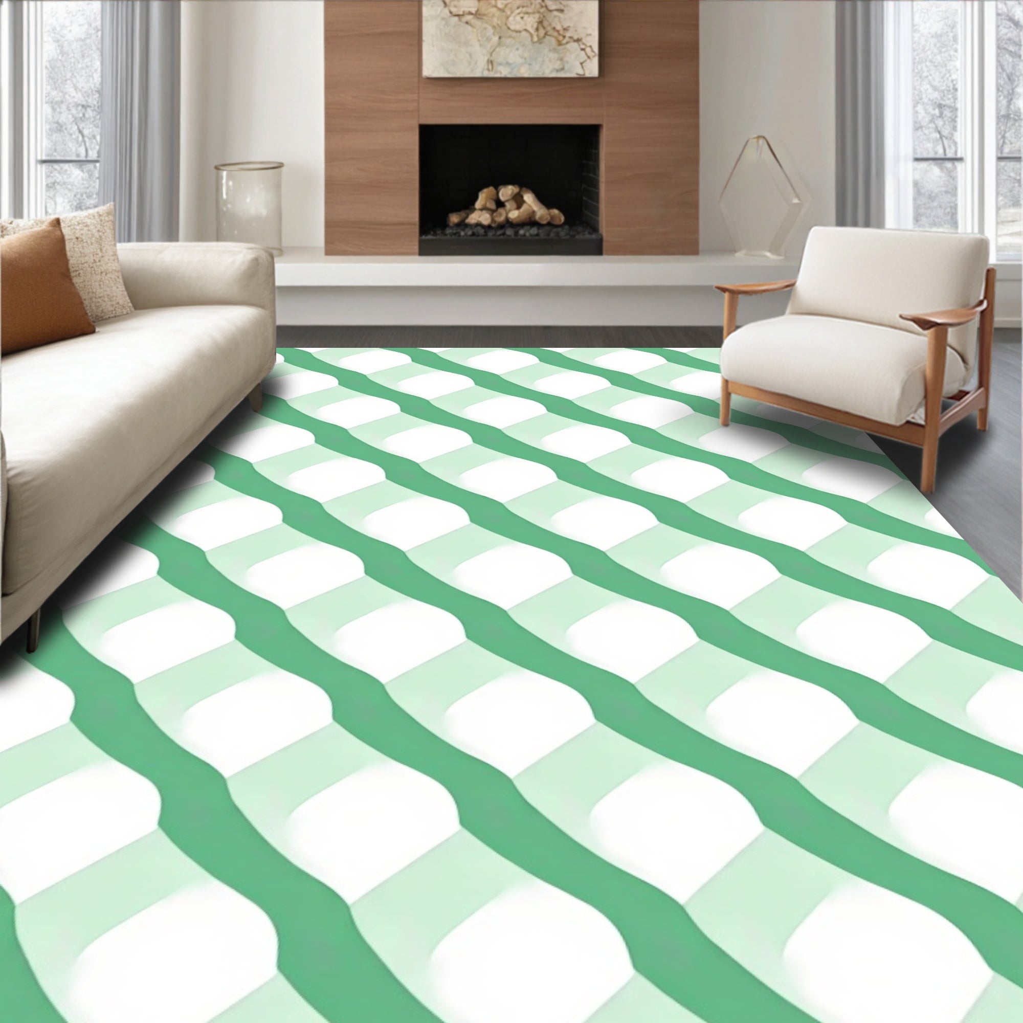 Wavy Green Diamond Interlocking Stripes Rug