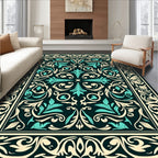 Dark Teal Cream Floral Scroll Rug