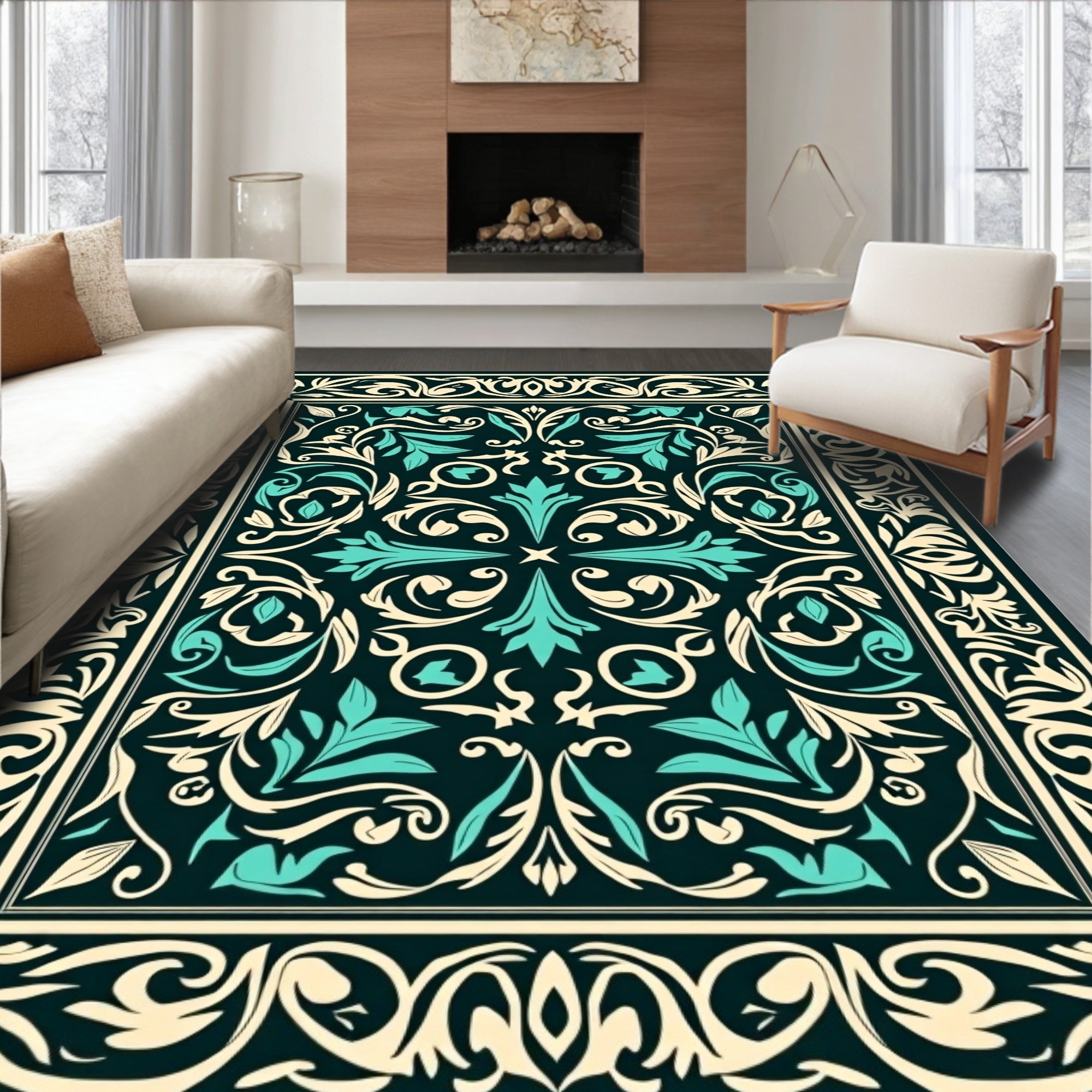 Dark Teal Cream Floral Scroll Rug