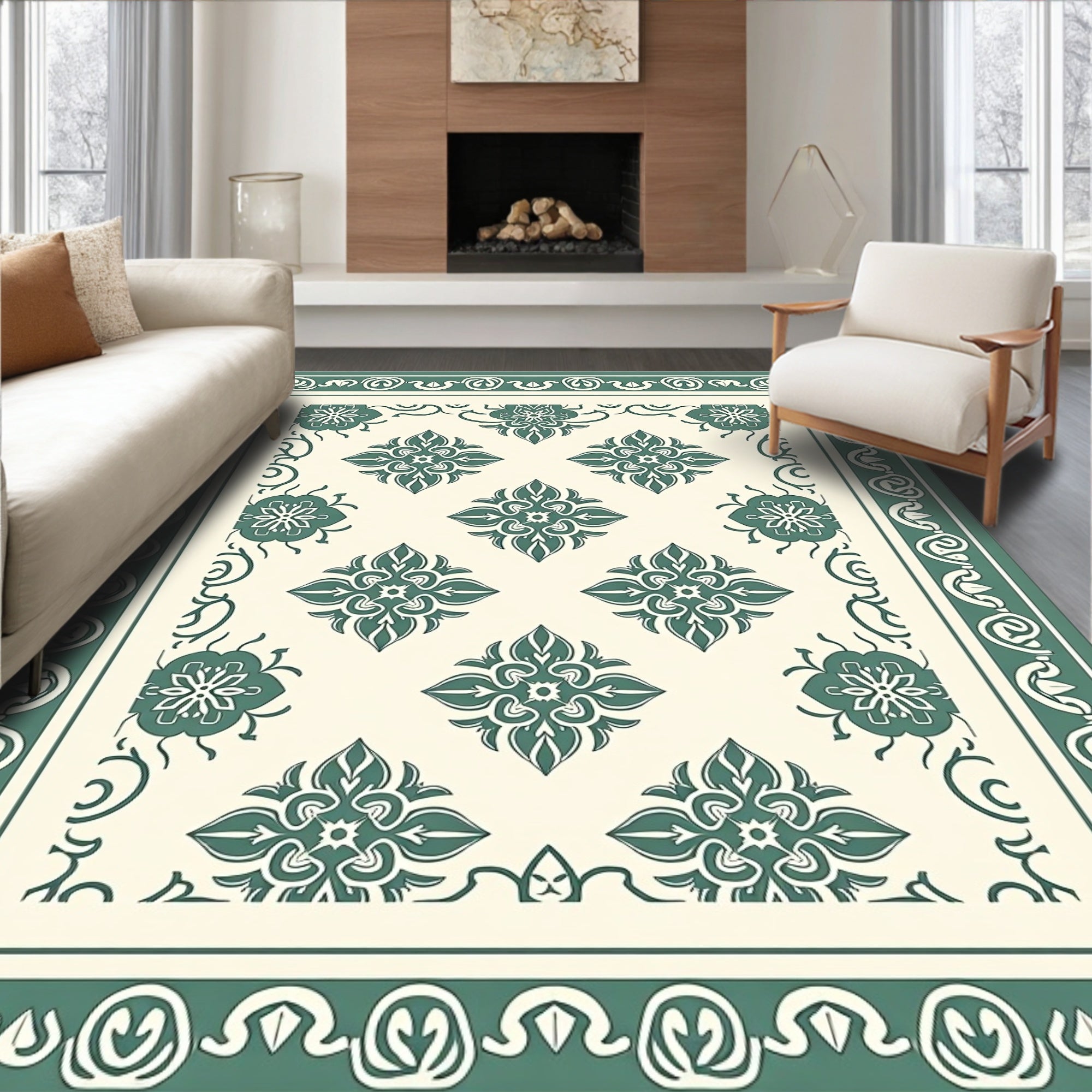 Vintage Teal Floral Medallion Border Rug