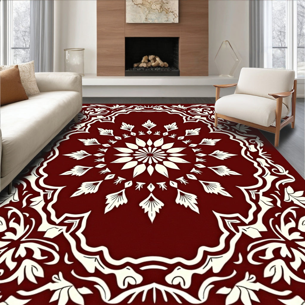 Crimson Ornate Leaf Mandala Rug