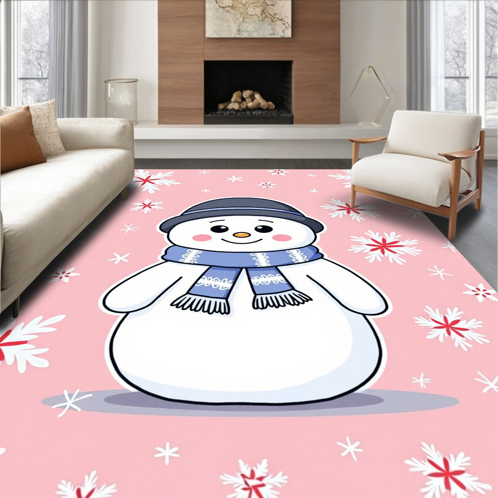 Pink Snowman with Blue Scarf Snowflakes Rug
