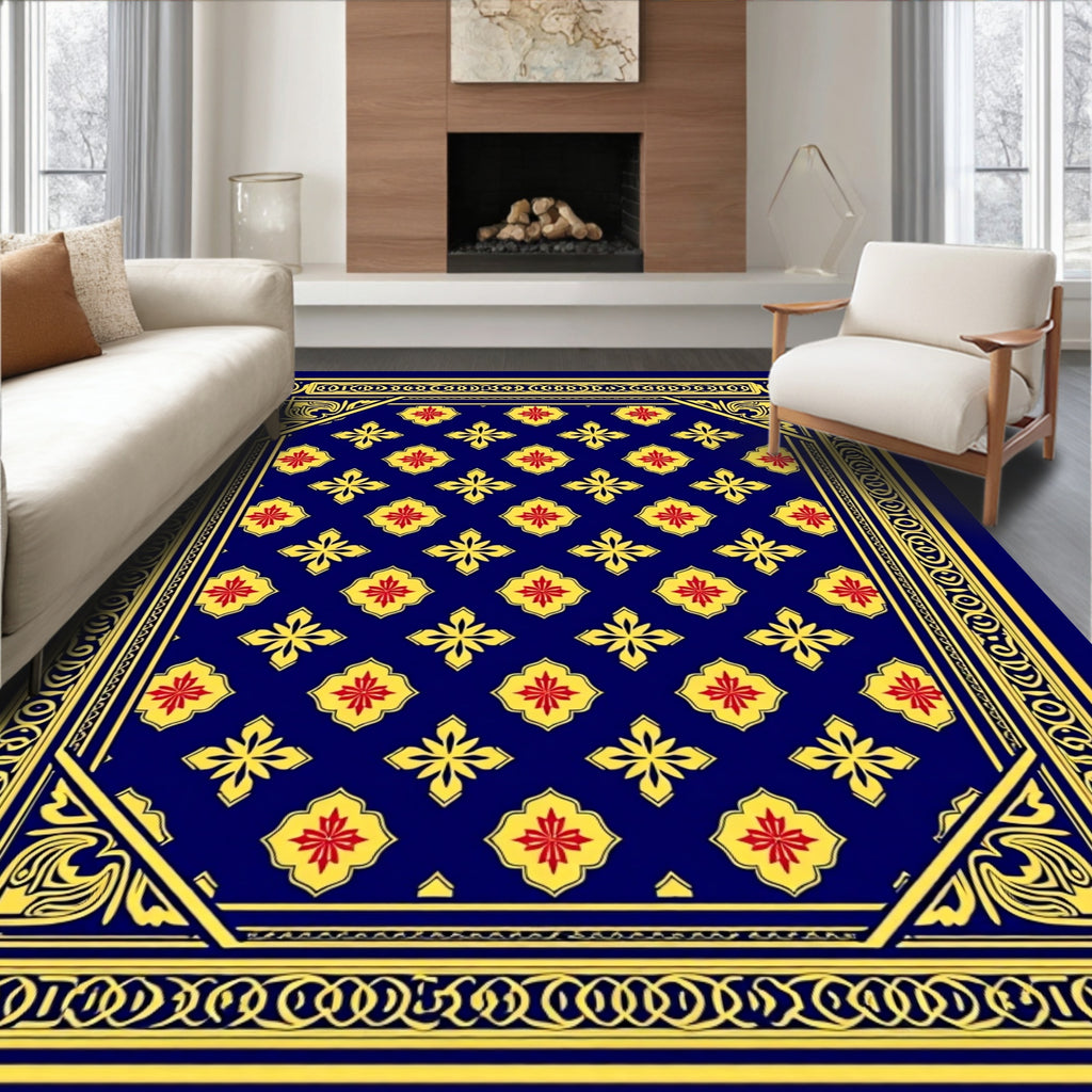 Grand Navy Floral Medallion Border Rug