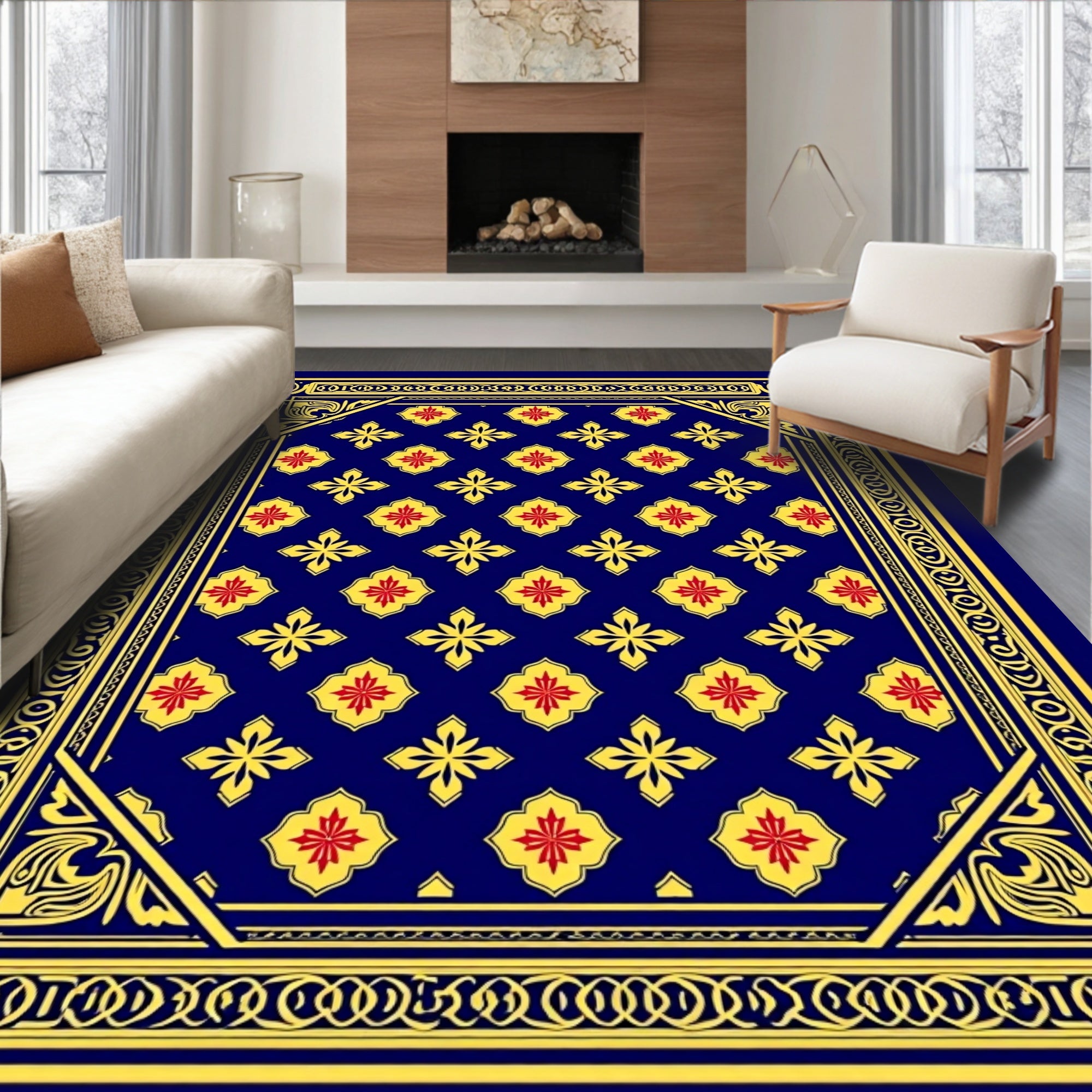 Grand Navy Floral Medallion Border Rug