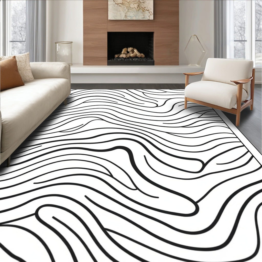 Modern Black Abstract Whimsical Waves Rug