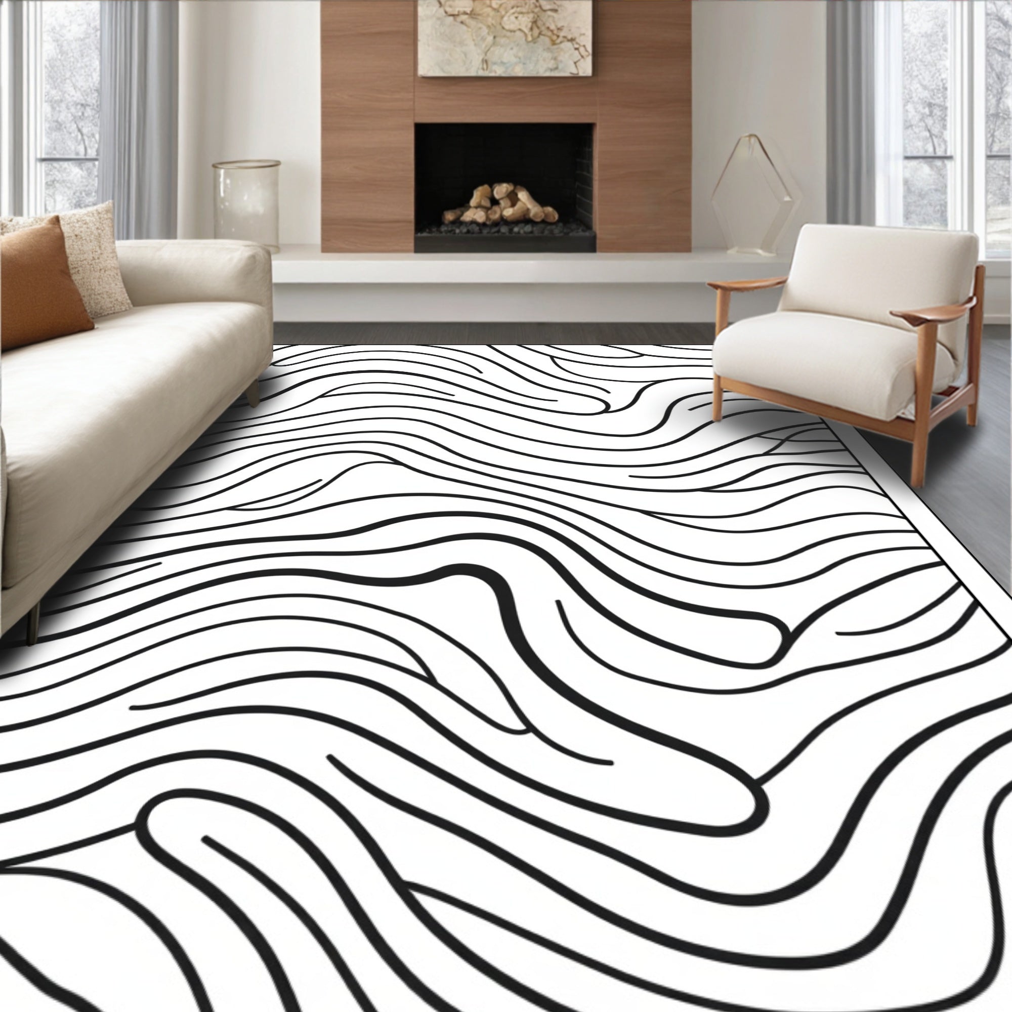 Modern Black Abstract Whimsical Waves Rug