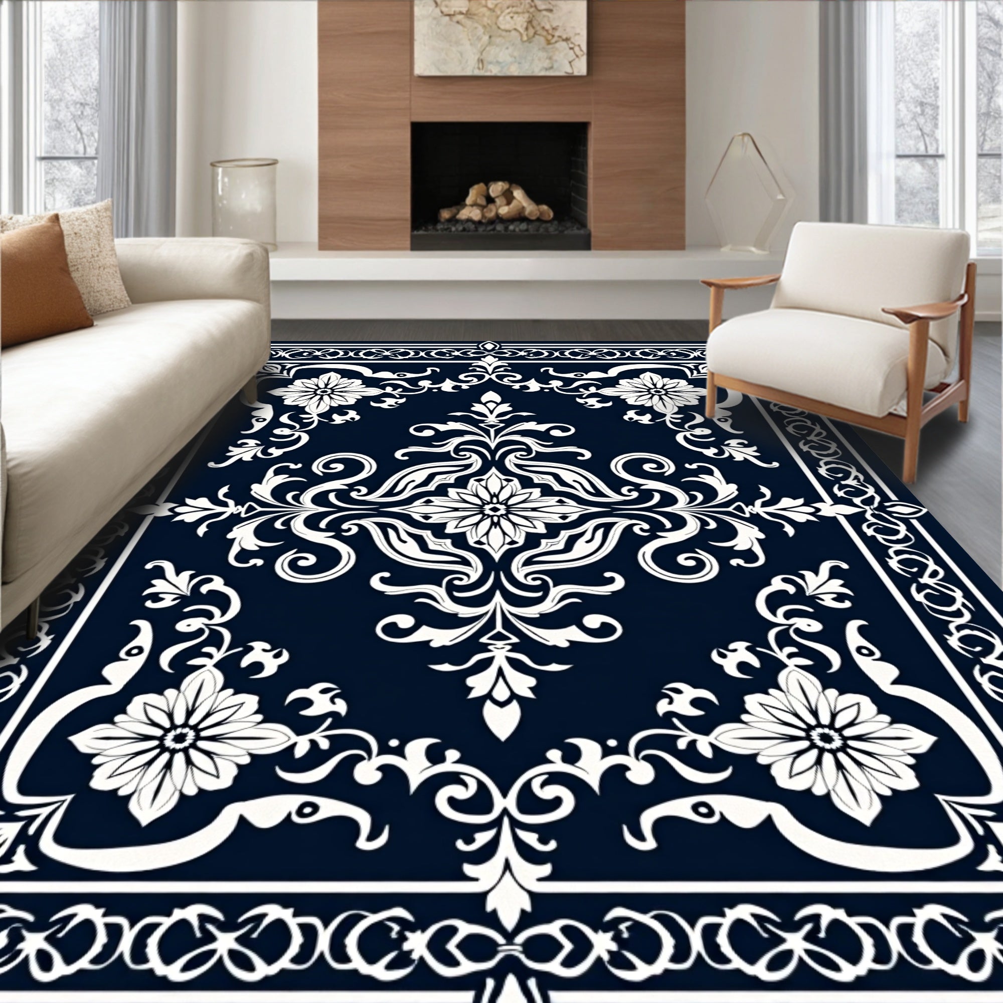 Dark Blue White Floral Medallion Rug
