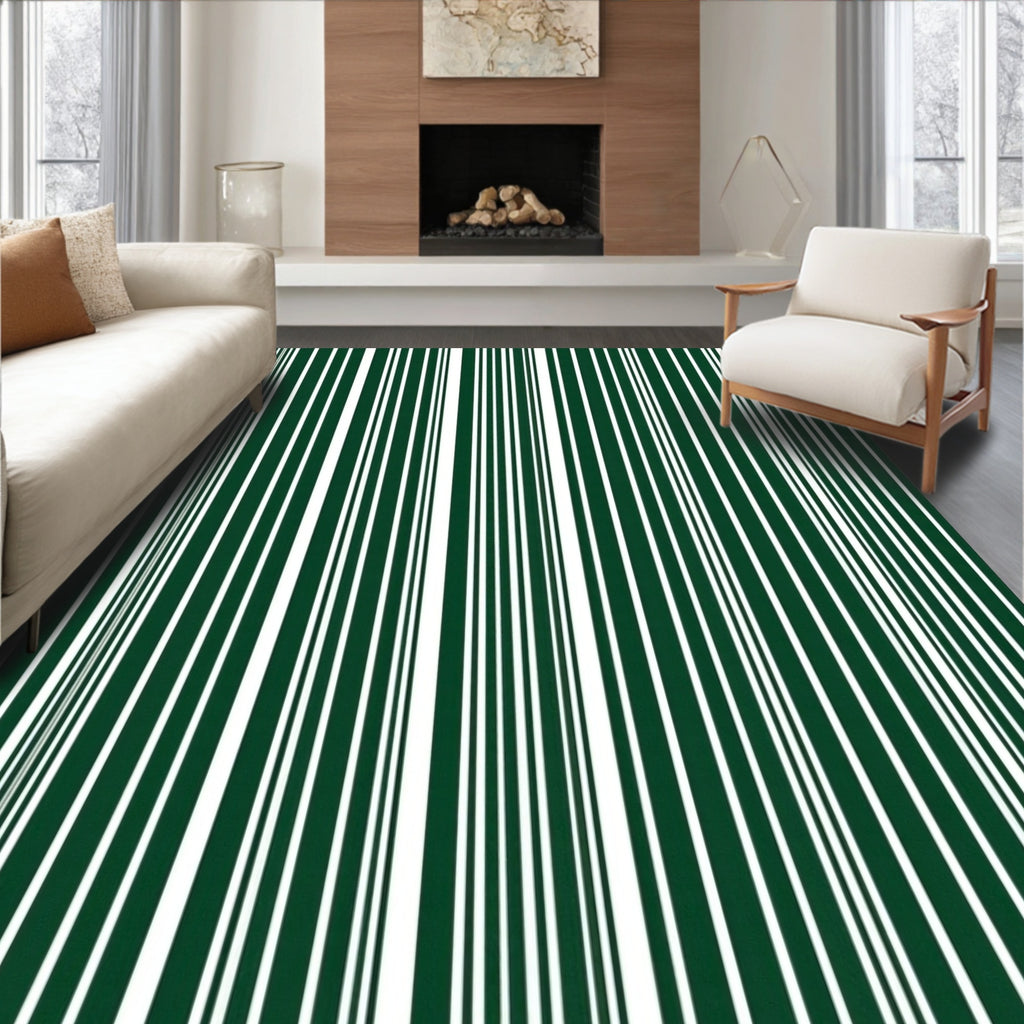 Dark Green White Vertical Stripe Rug