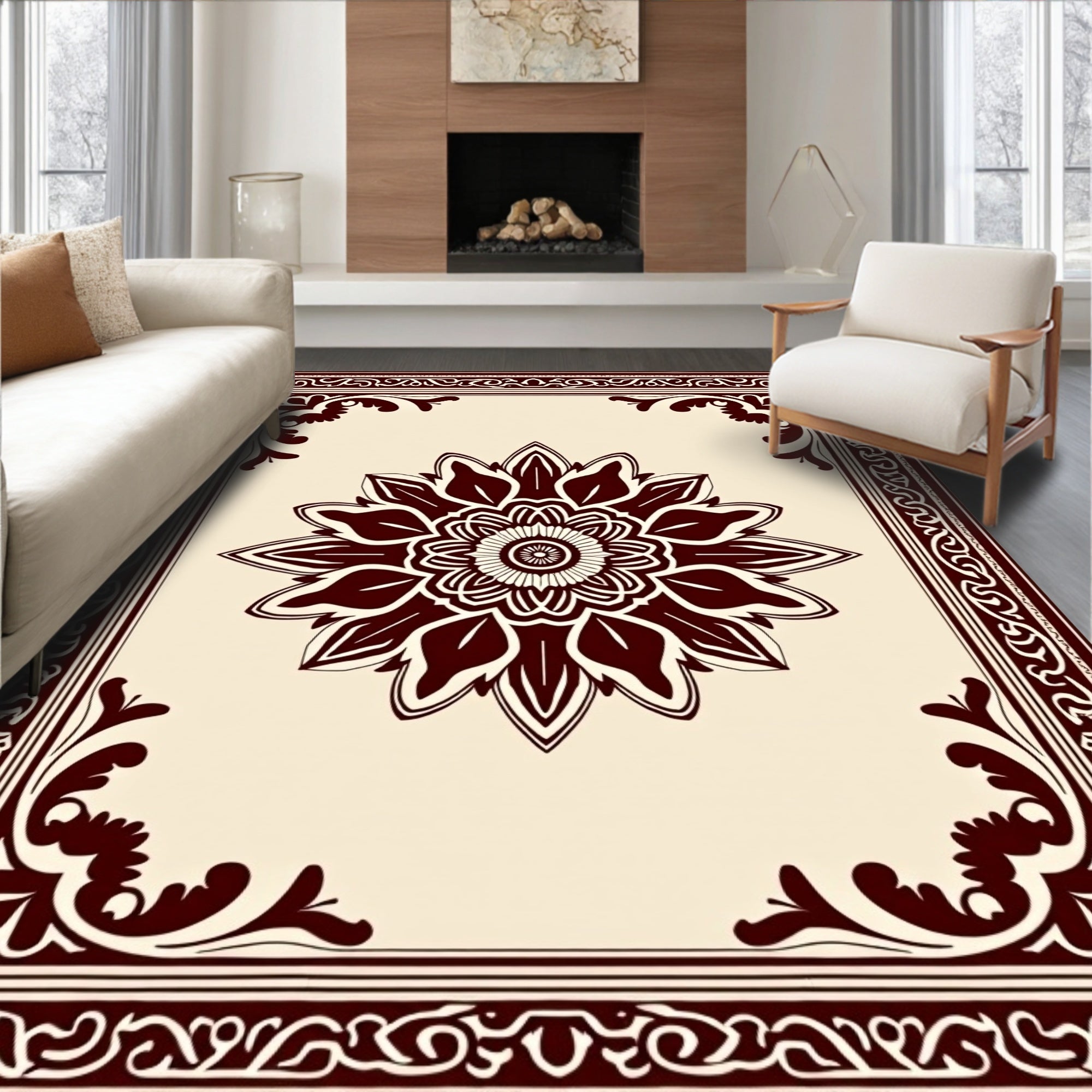 Rich Burgundy Floral Medallion Border Rug