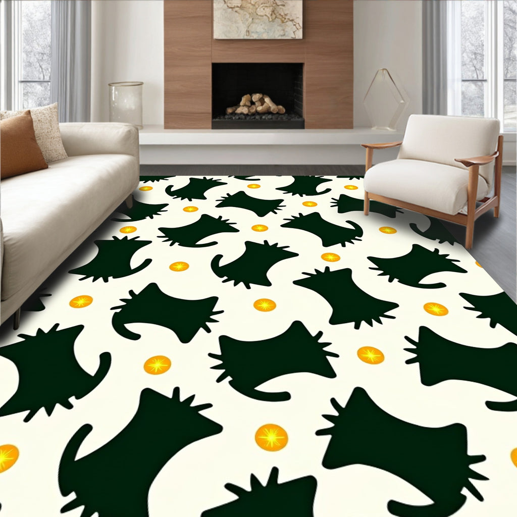 Dark Green Abstract Cats Orange Suns Rug