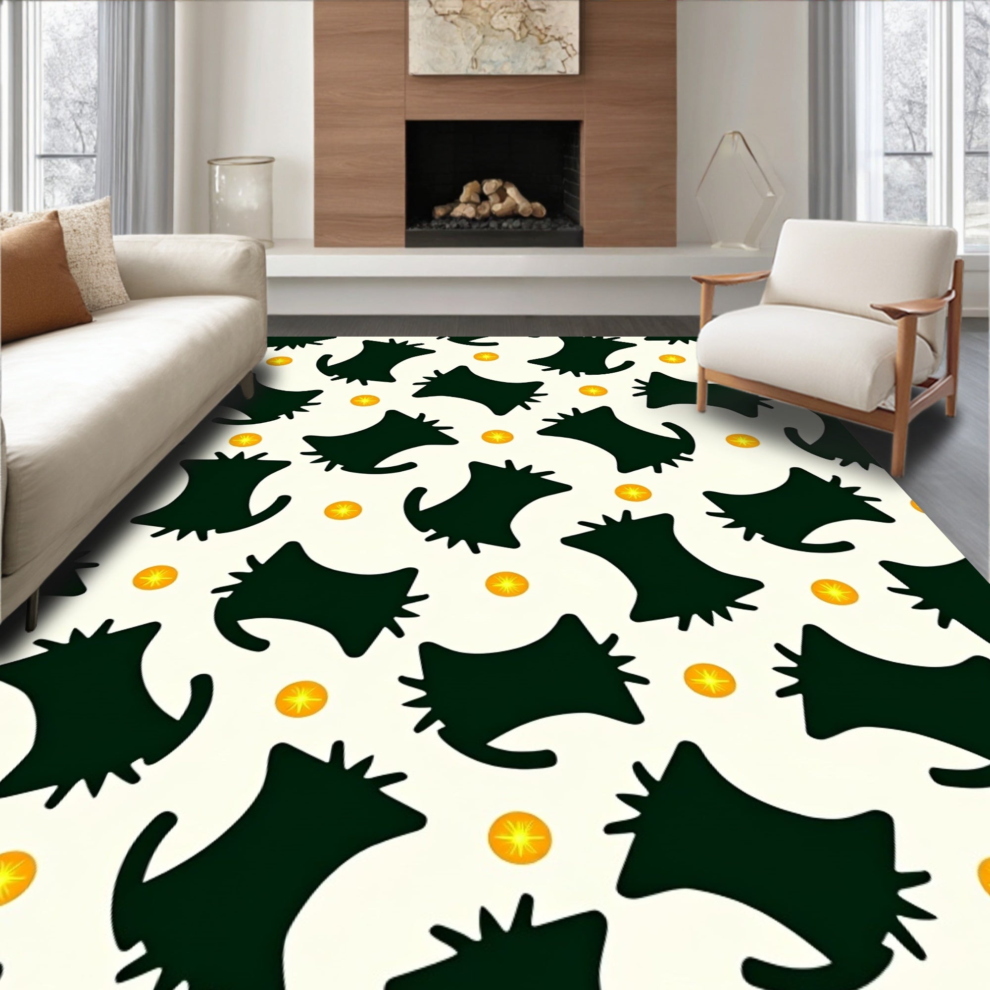 Dark Green Abstract Cats Orange Suns Rug