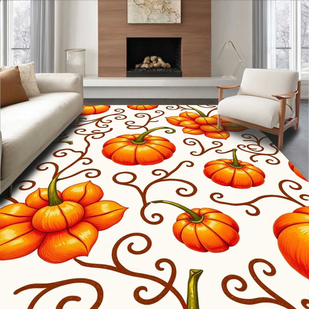 Autumn Orange Pumpkin Vine Swirls Rug