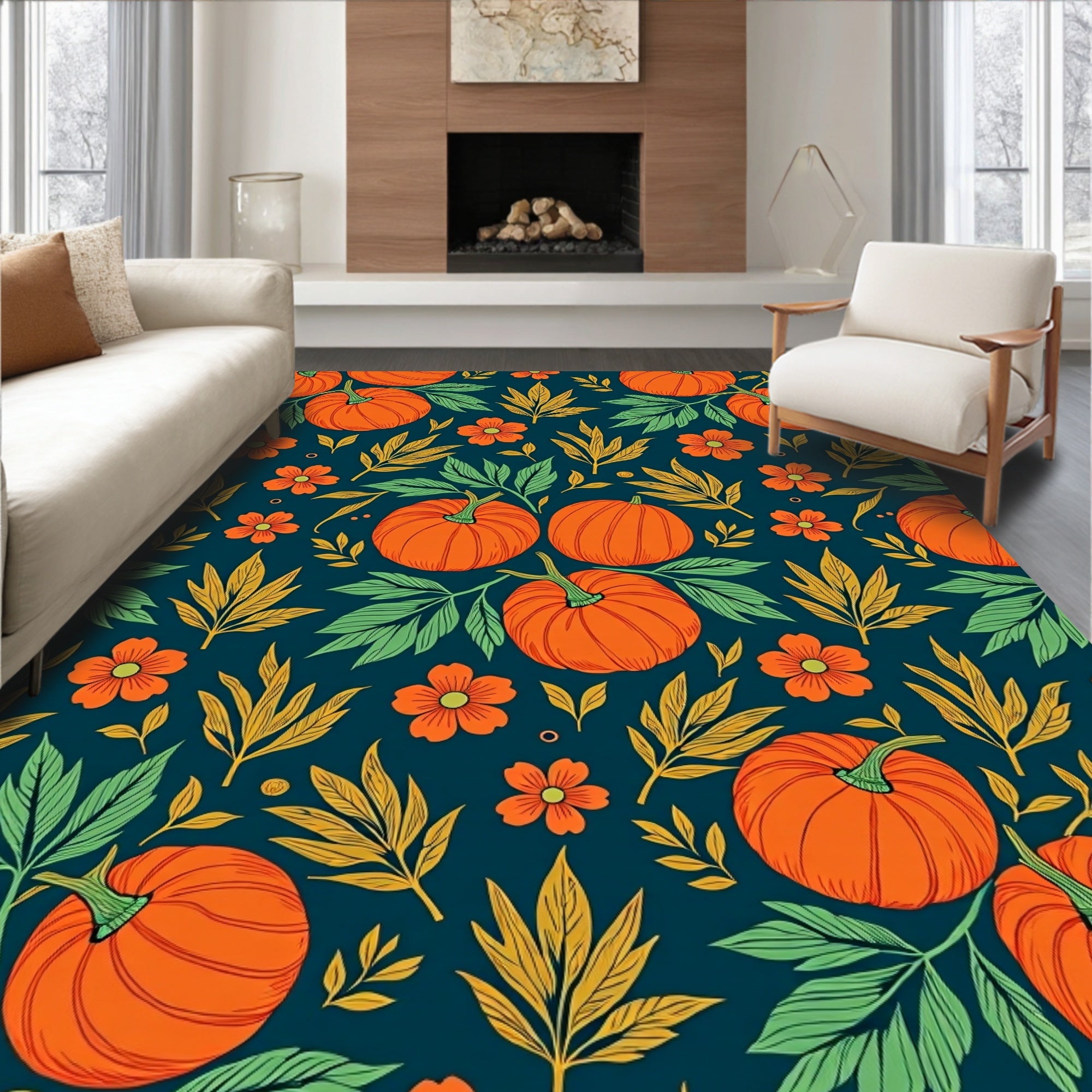 Orange Pumpkin Floral Foliage Autumn Rug