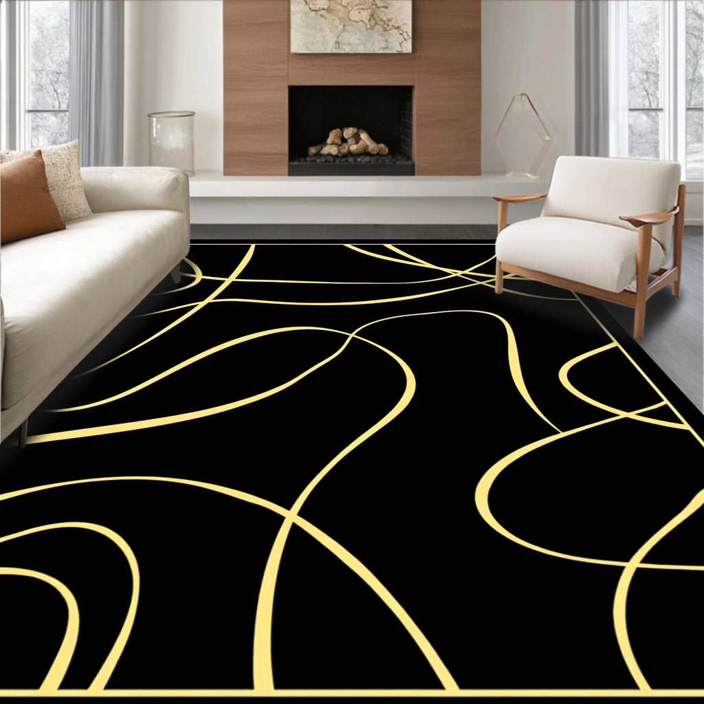 Golden Swirls on Black Canvas Rug