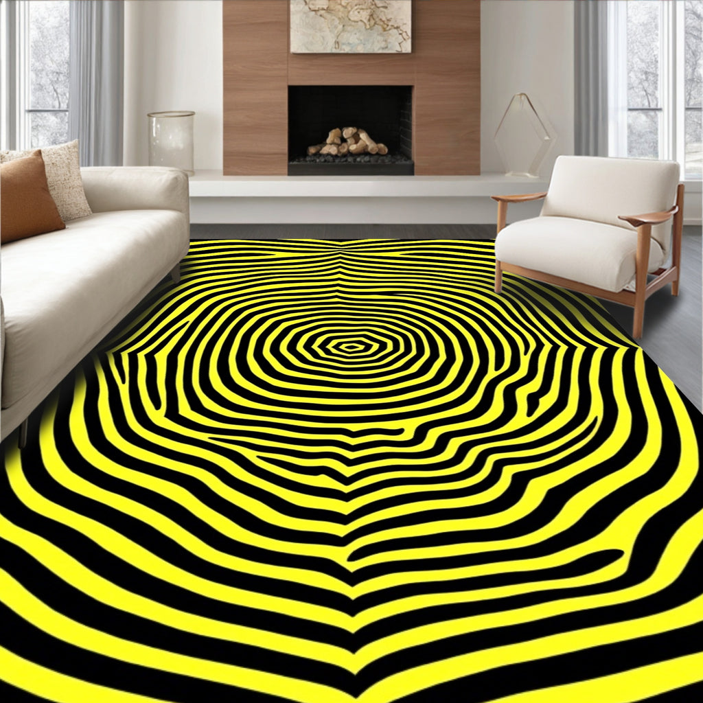 Vibrant Yellow Black Contoured Rings Rug