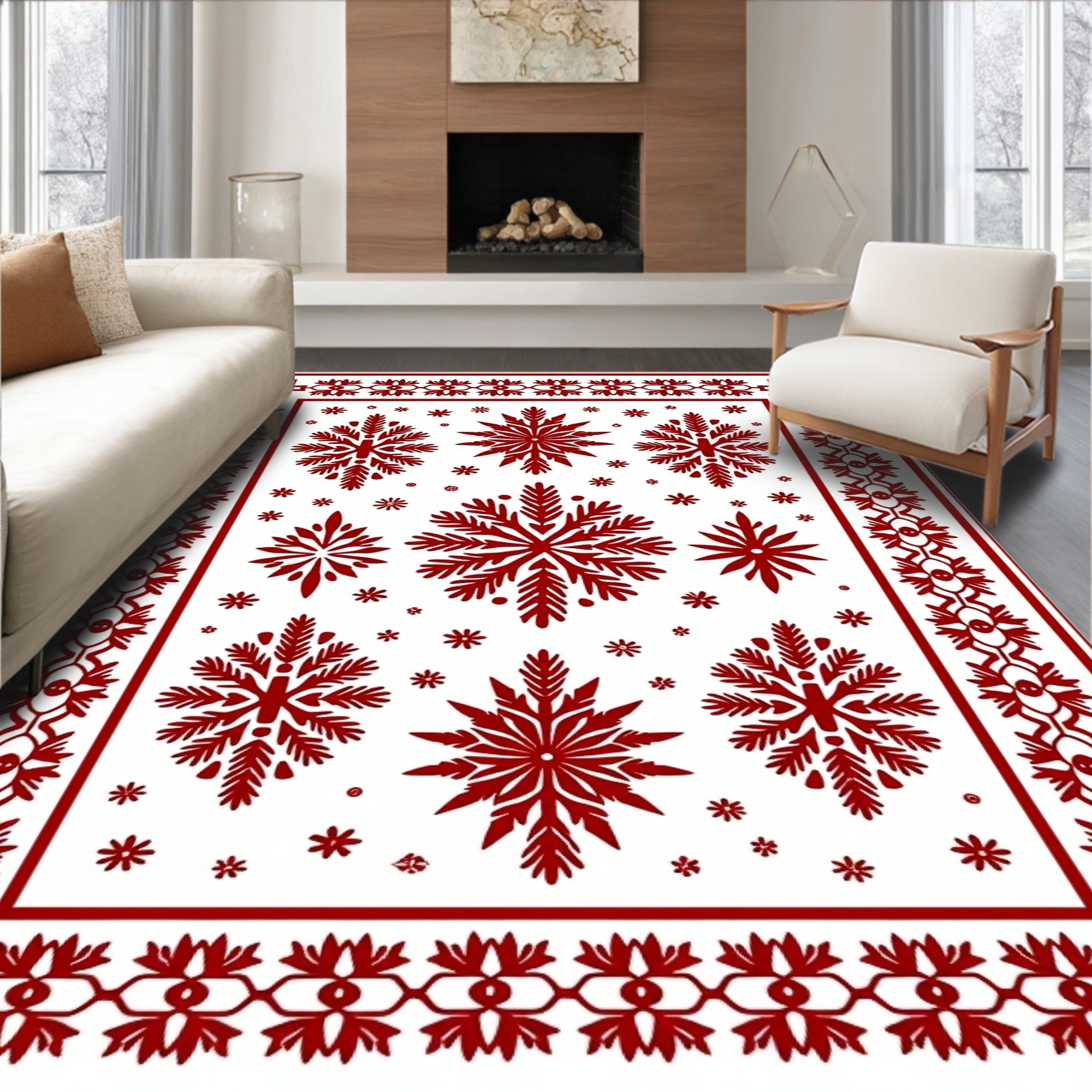Crimson Snowflake Bordered Rug
