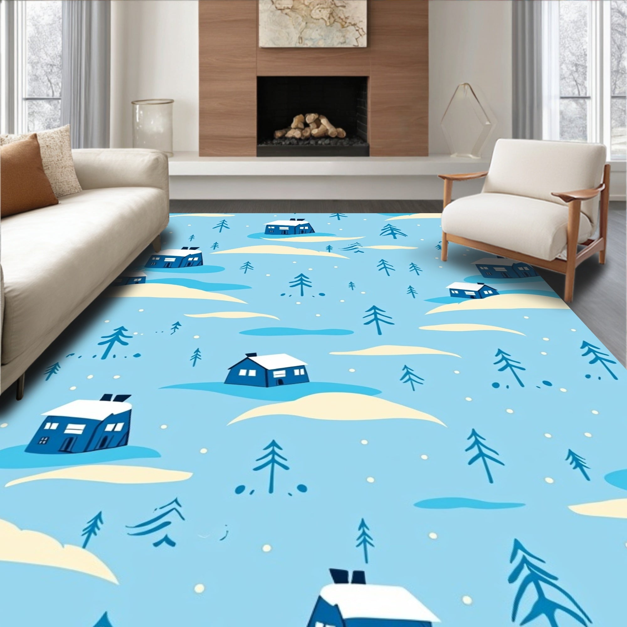 Cozy Blue Snowy Village Houses Rug