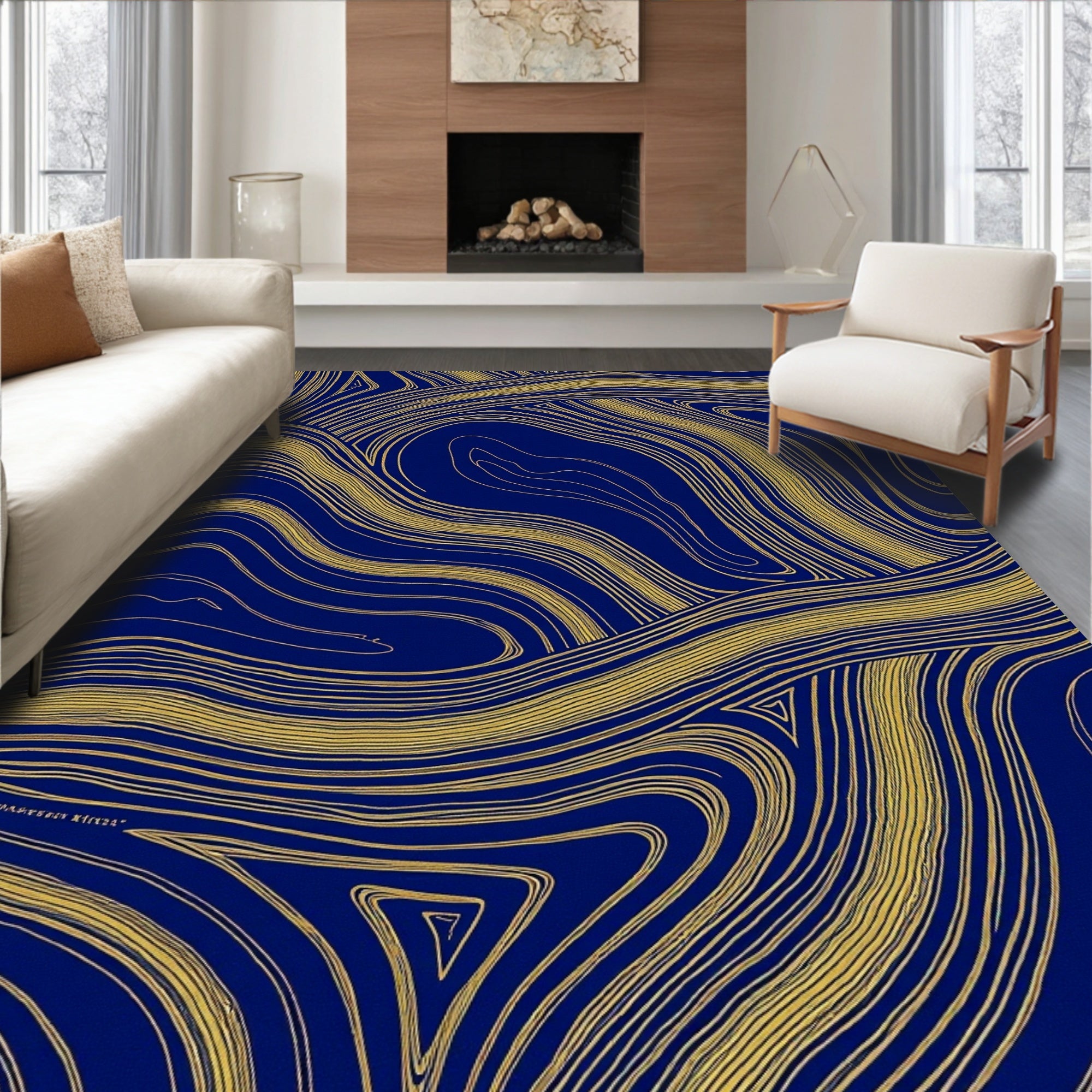 Deep Blue Gold Swirl Terrazzo Rug