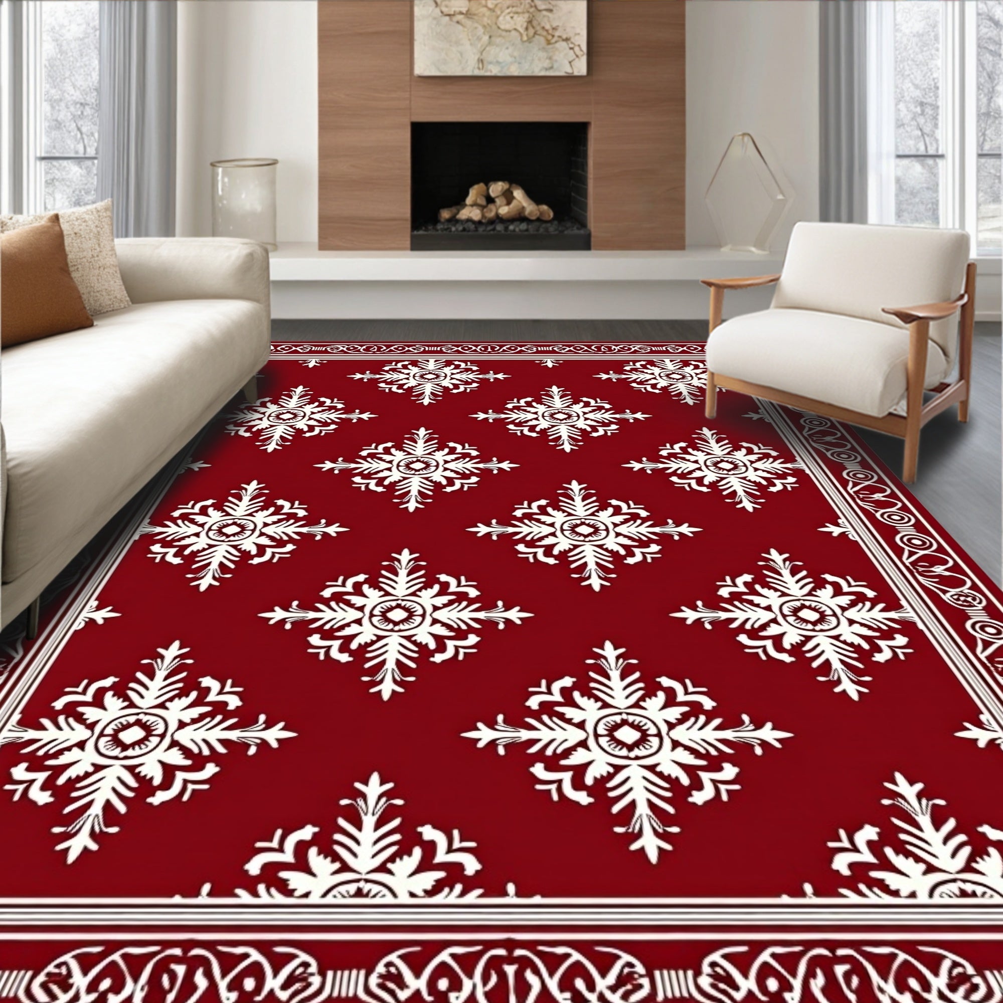 Crimson White Snowflake Medallion Border Rug