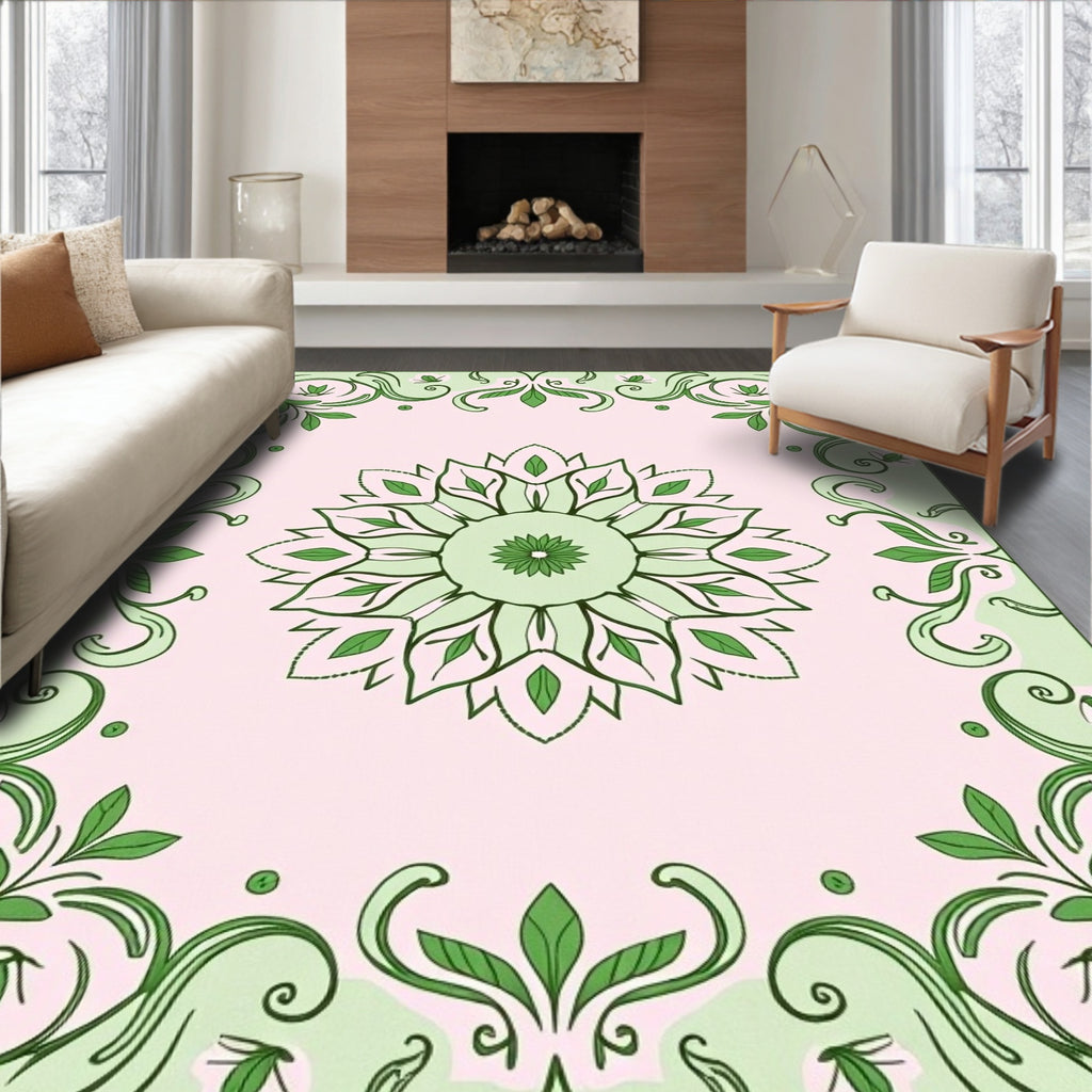 Soft Green Floral Mandala Garden Rug