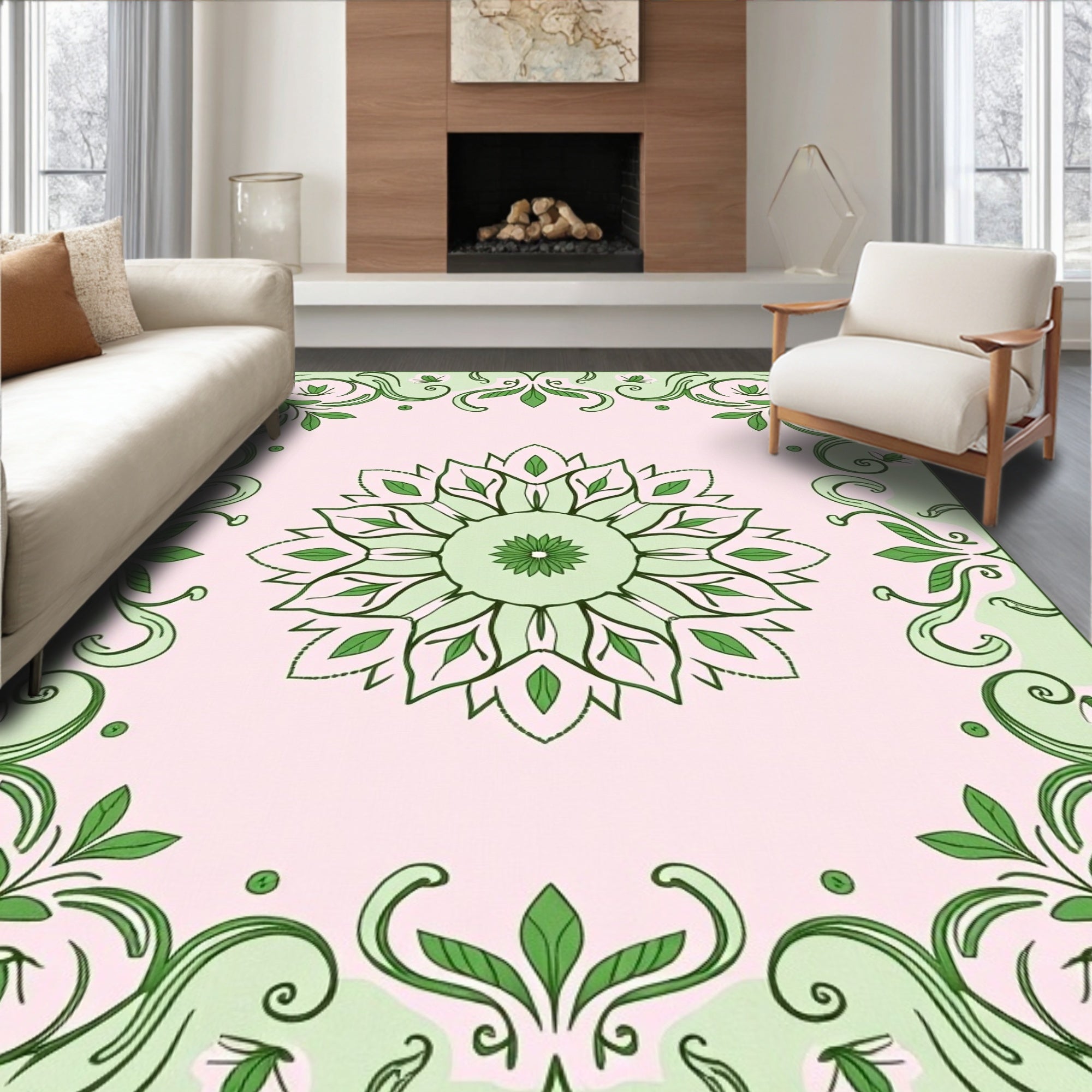Soft Green Floral Mandala Garden Rug