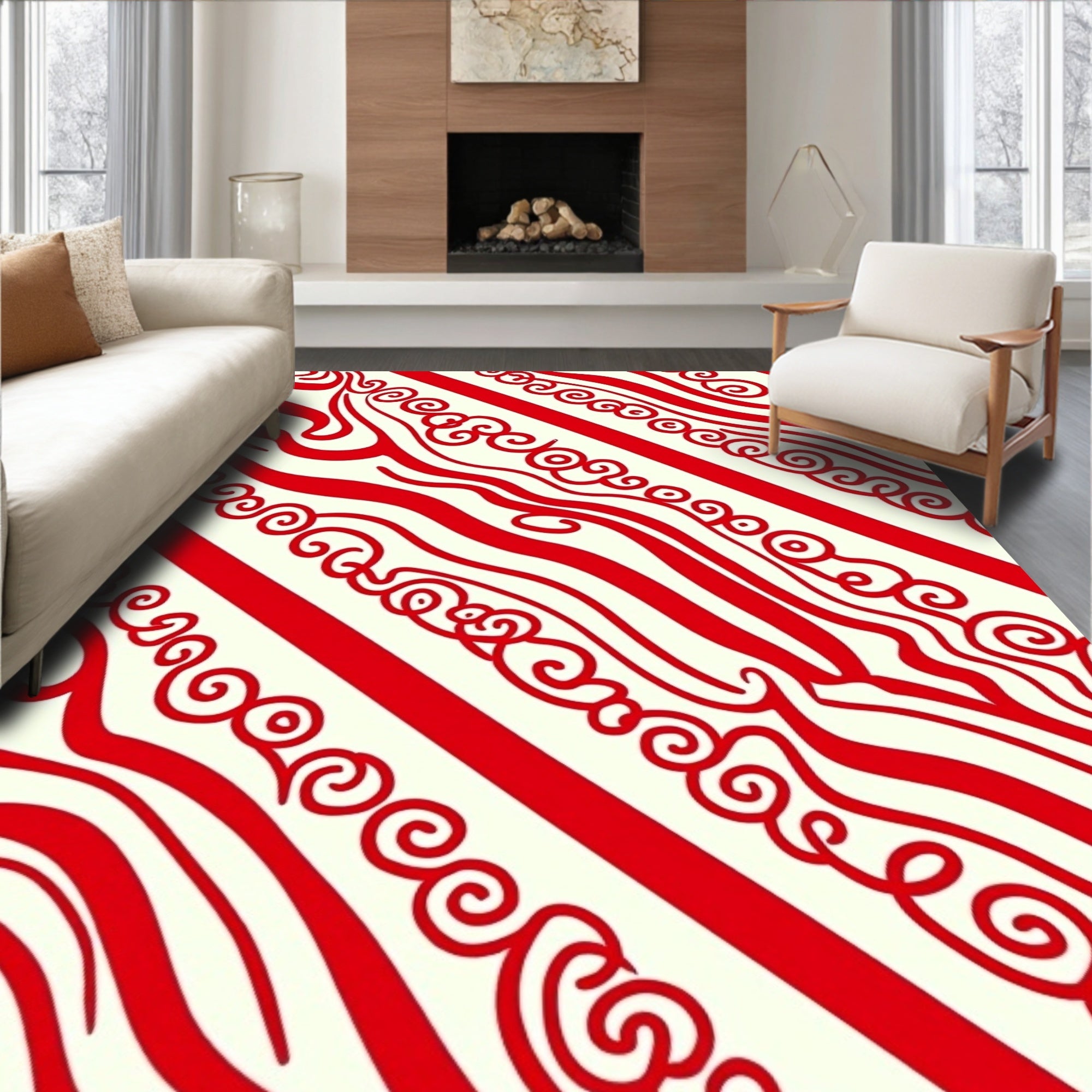 Crimson Swirl Diagonal Stripe Rug