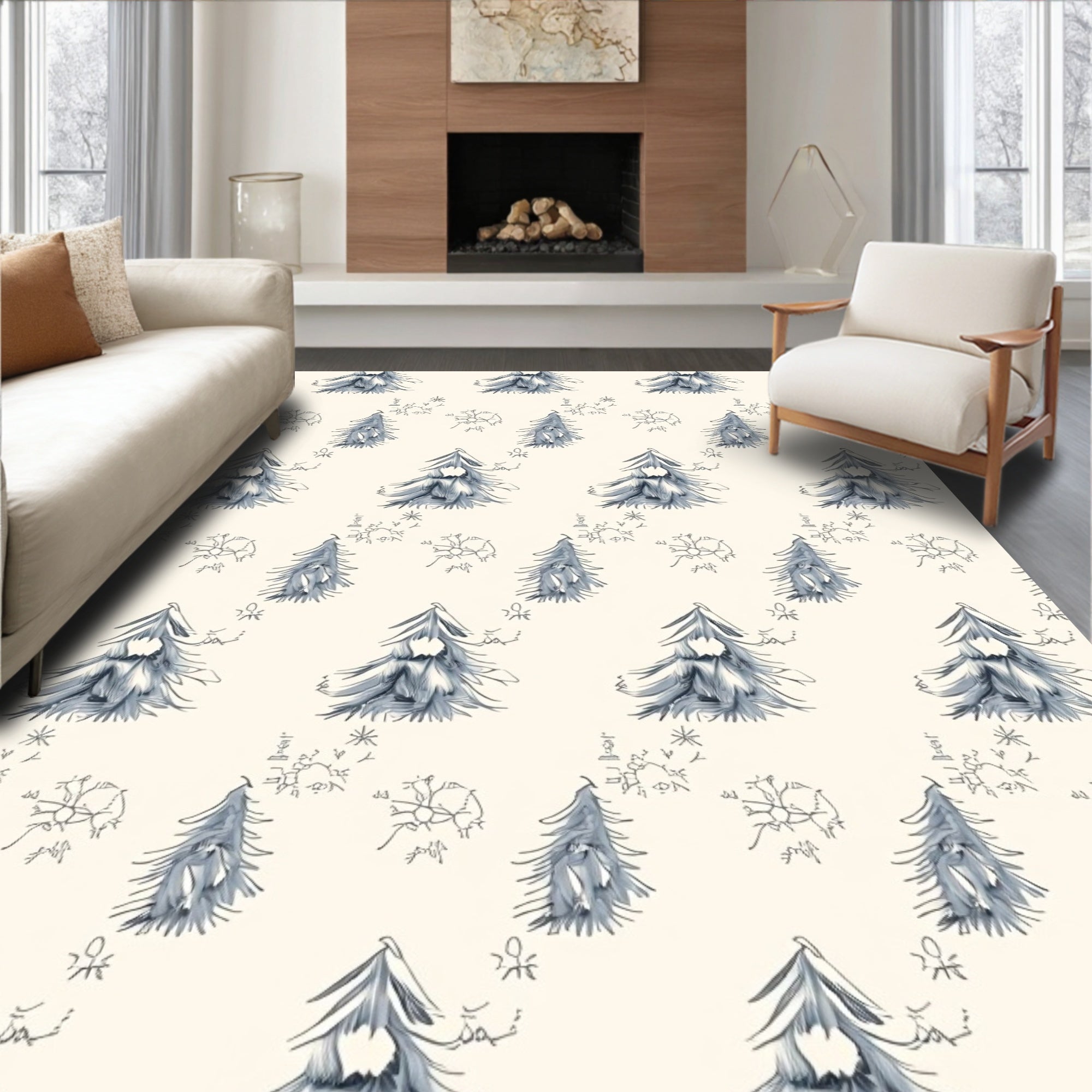 Winter Forest Evergreen Snowflakes Rug